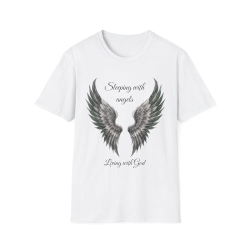 Black Angel Wings T-Shirt — “Sleeping with angels, living with God.” Christian Faith Tee