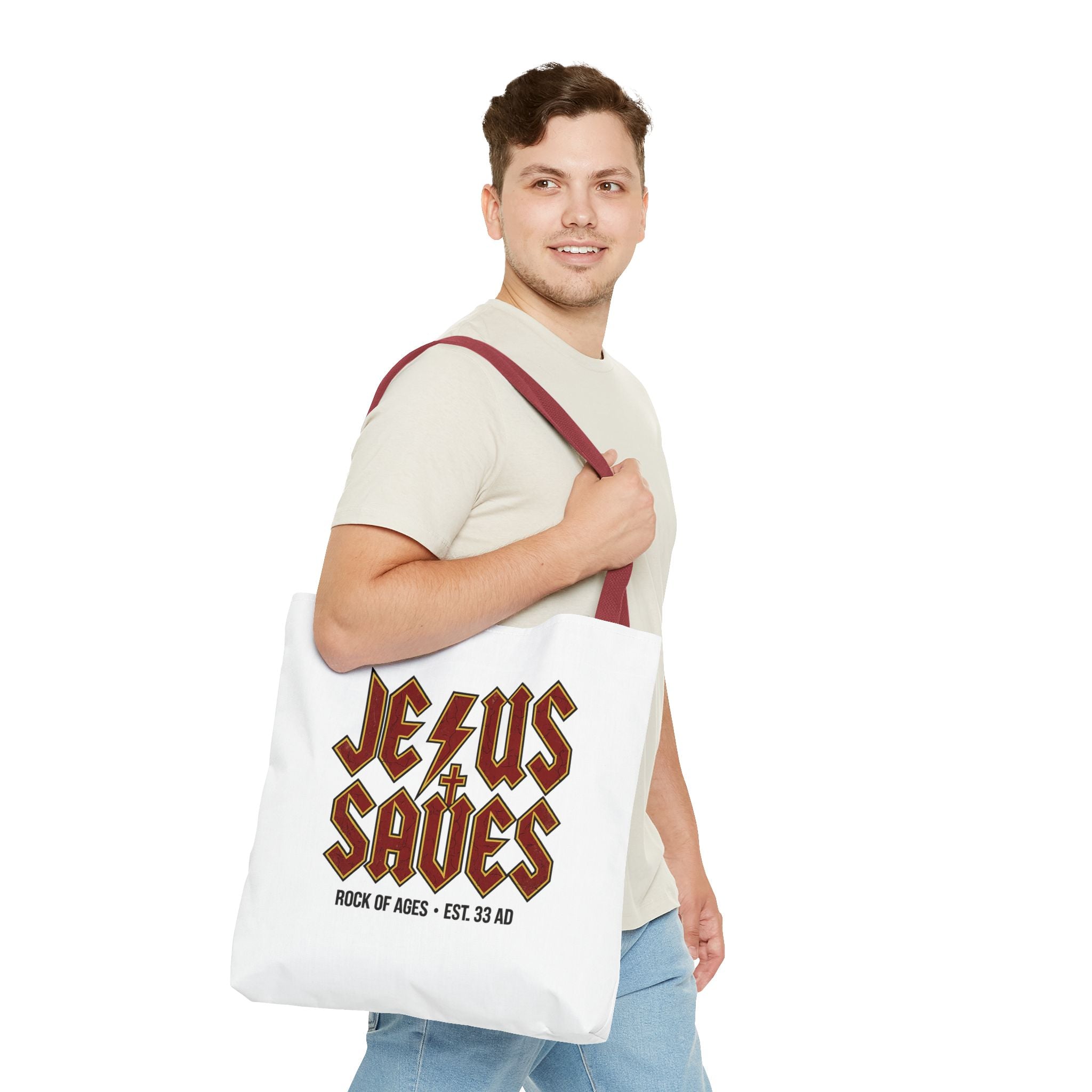 Jesus Saves Tote Bag — Rock of Ages Vintage Christian Tote