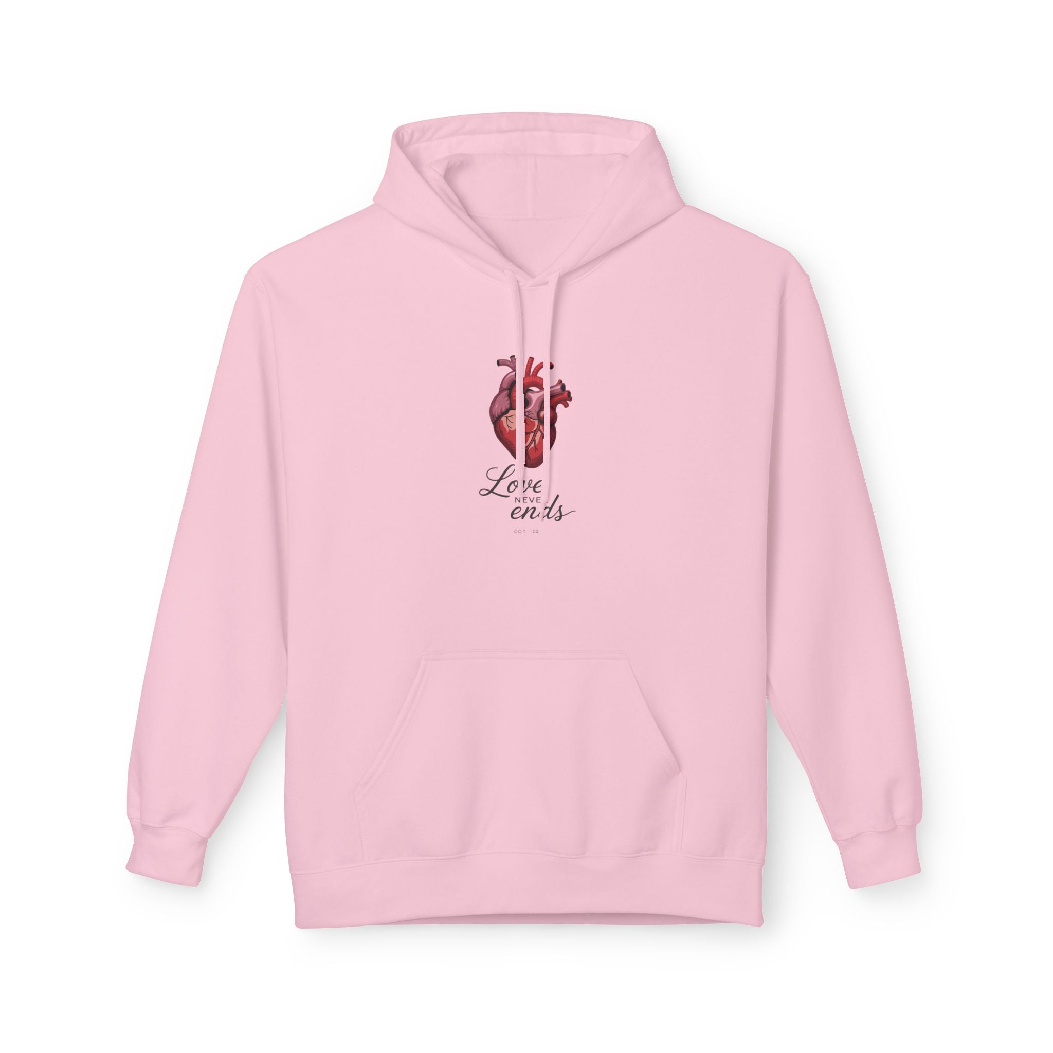 Love Never Ends Hoodie — Realistic Heart Christian Sweatshirt