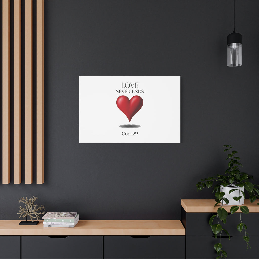 Love Never Ends Canvas Wall Art — Red Heart "Cor. 1:29" Matte Stretched Canvas