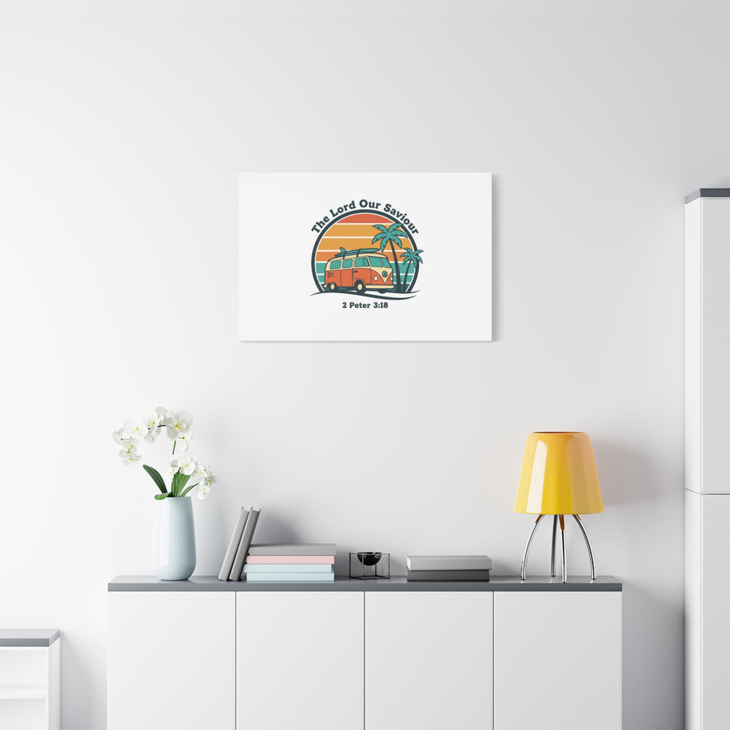 The Lord our Saviour, Retro Surf Sunset Canvas | 70s Van Palm Postcard, Analog Sunshine Aesthetic