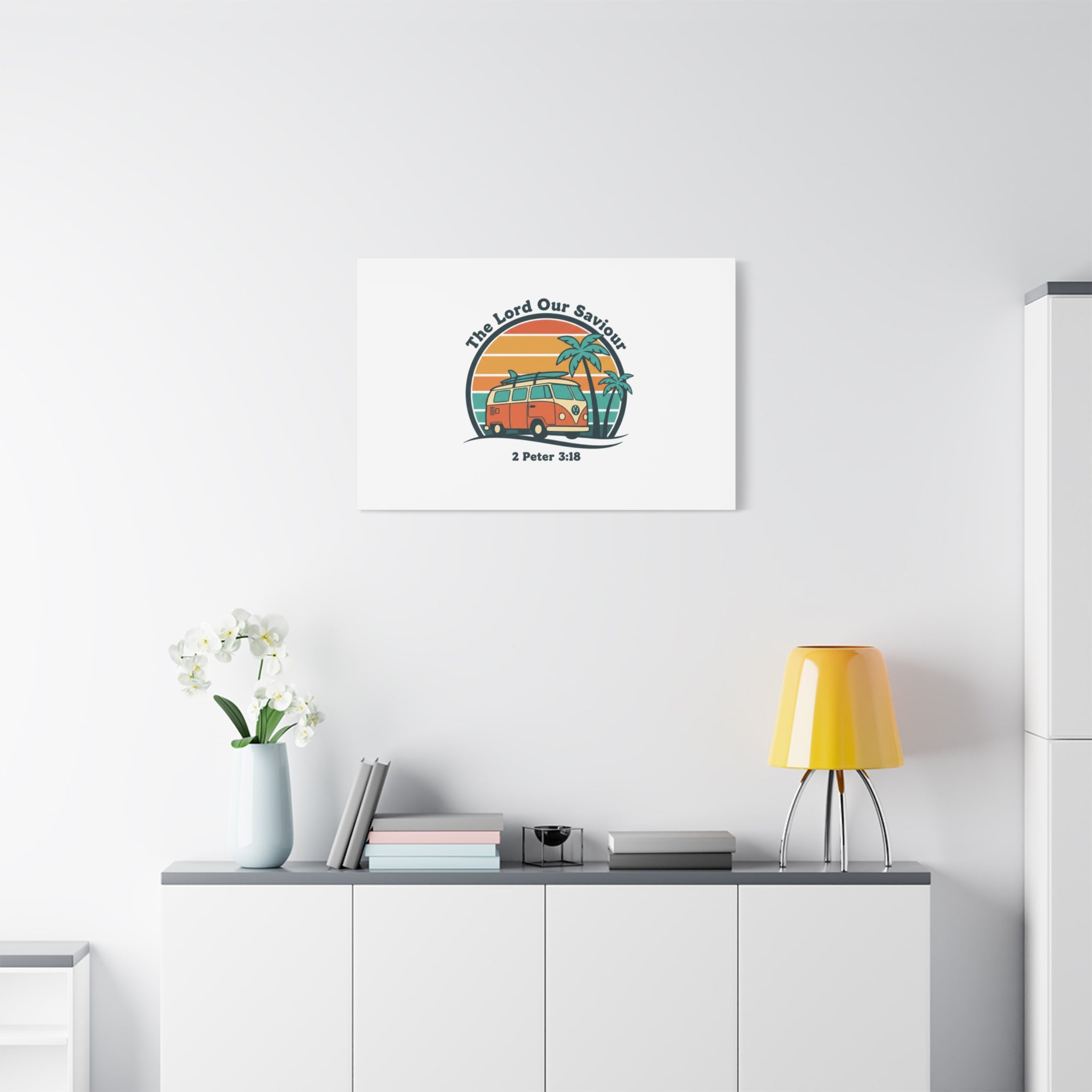 The Lord our Saviour, Retro Surf Sunset Canvas | 70s Van Palm Postcard, Analog Sunshine Aesthetic