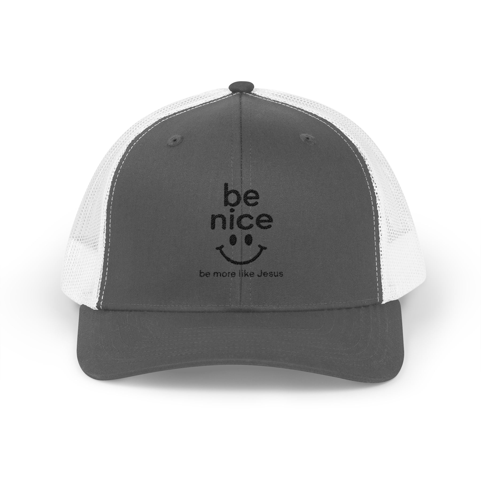 Be Nice Smiley Snapback Trucker Cap — Positive Message Mesh Hat