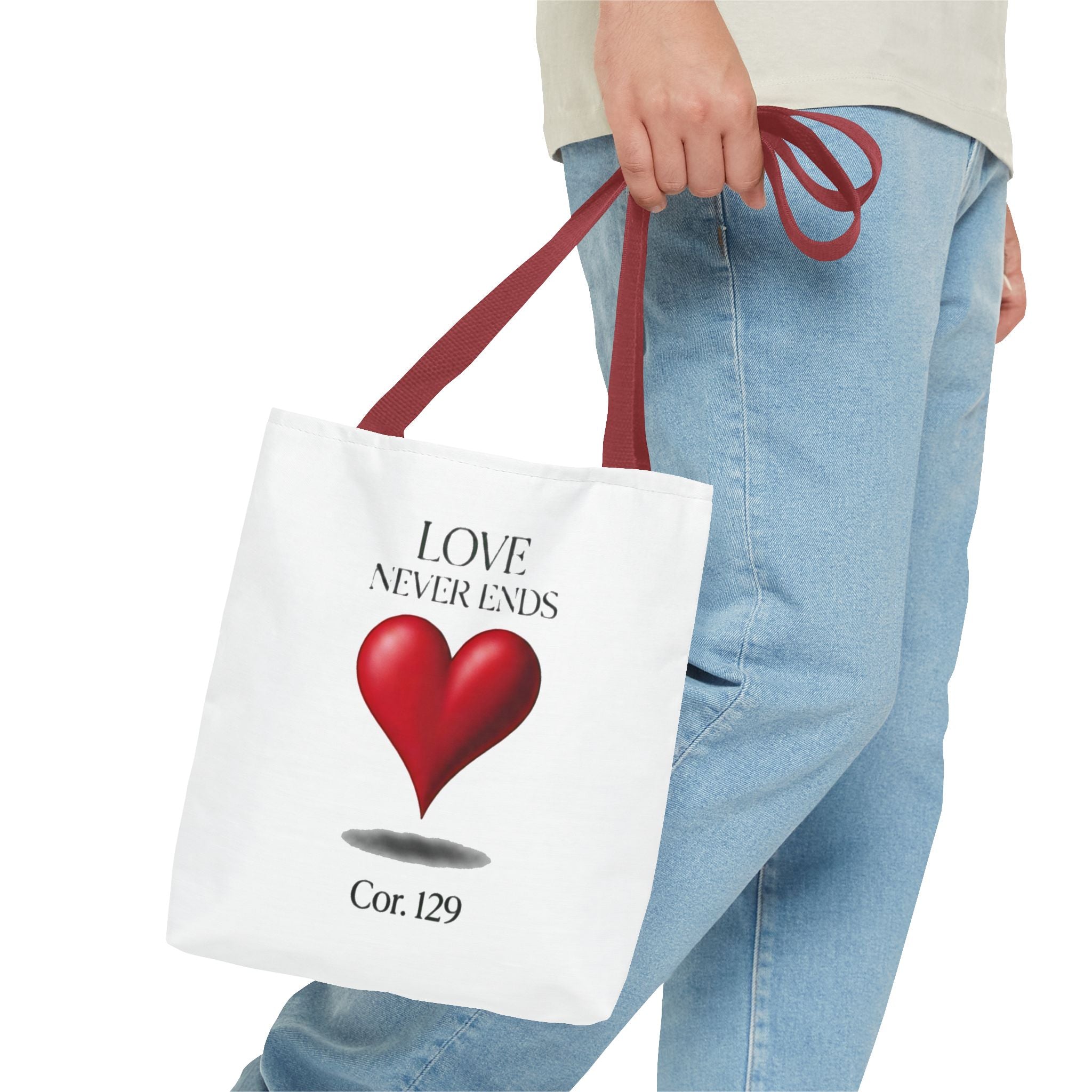 Tote Bag — “Love Never Ends” Heart Tote (Cor. 1:29)