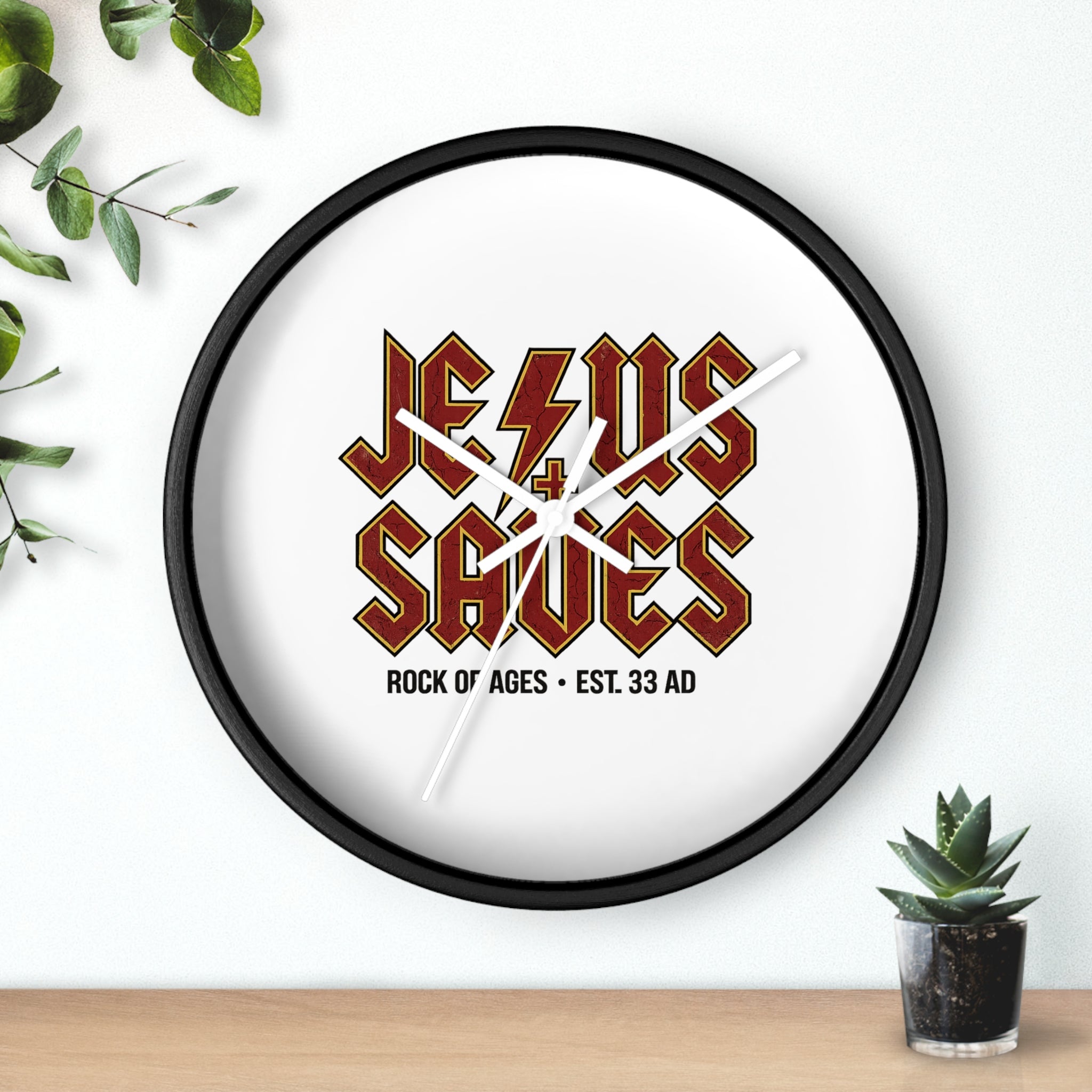 Jesus Saves Wall Clock — Rock of Ages Retro Christian Decor (Est. 33 AD)