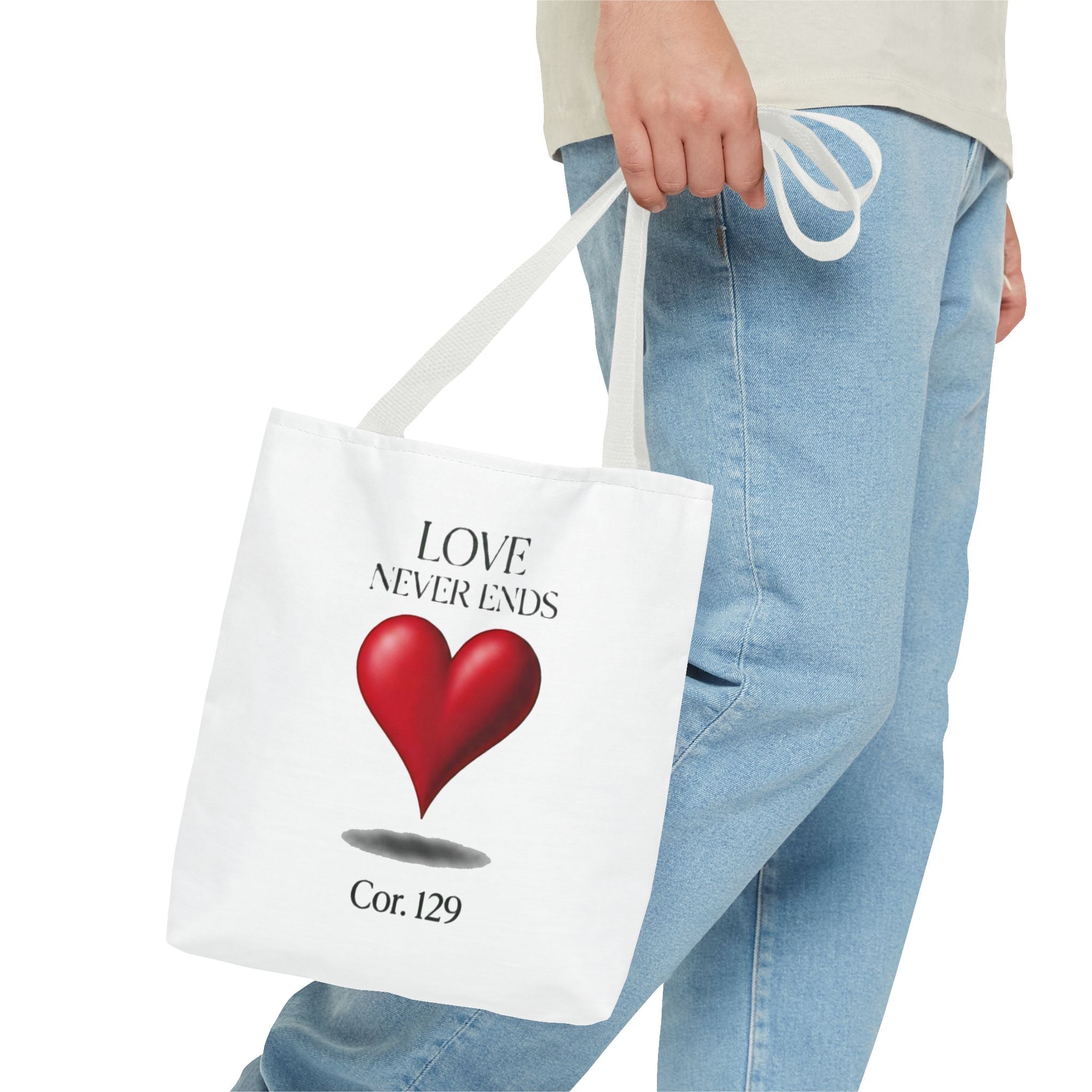 Tote Bag — “Love Never Ends” Heart Tote (Cor. 1:29)