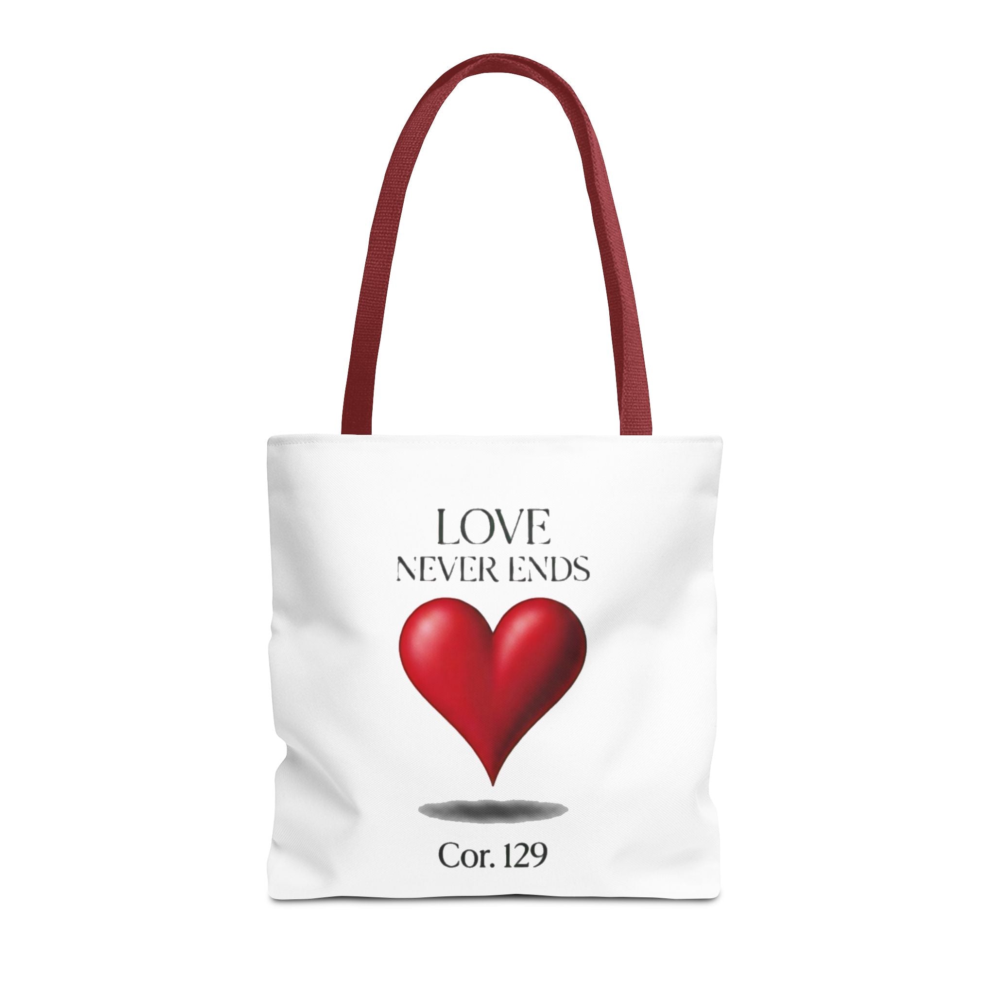 Tote Bag — “Love Never Ends” Heart Tote (Cor. 1:29)