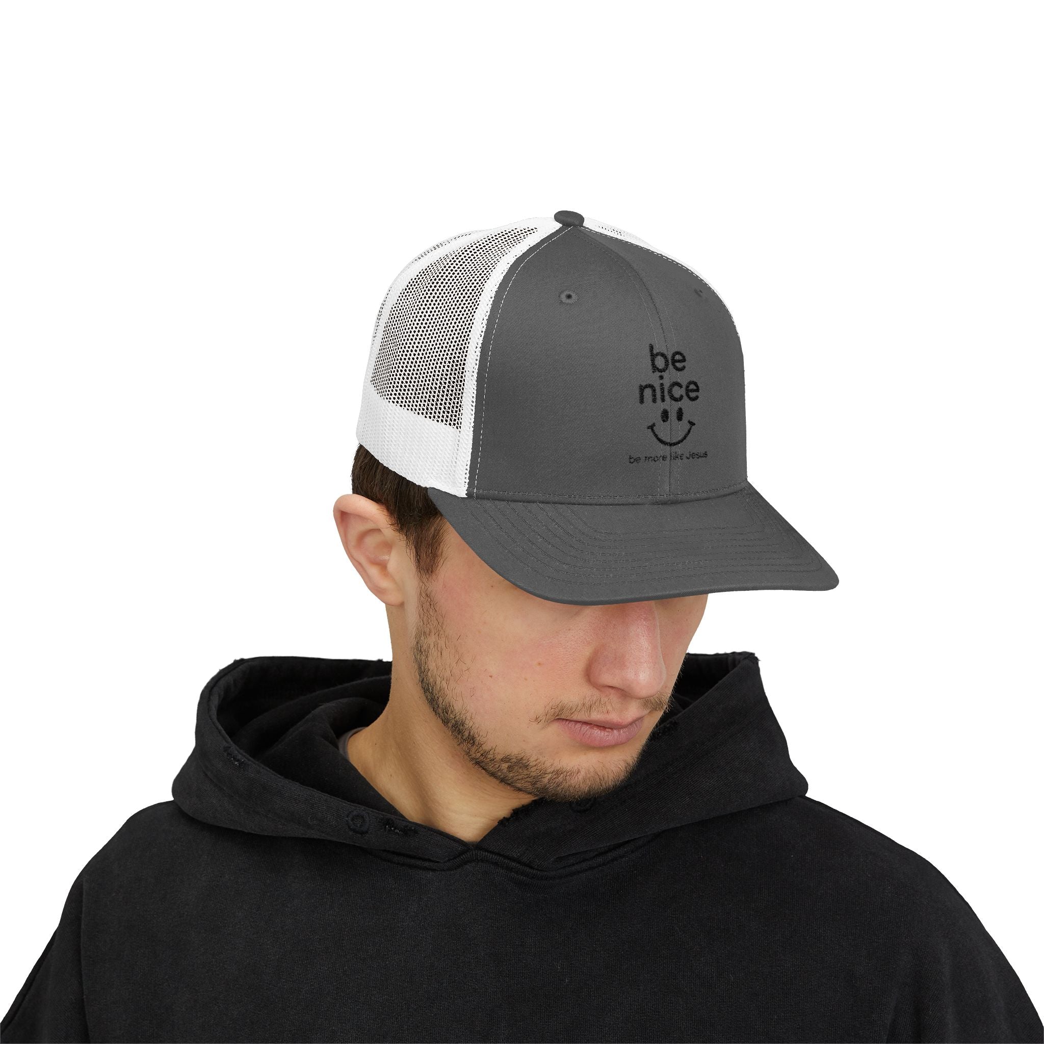 Be Nice Smiley Snapback Trucker Cap — Positive Message Mesh Hat
