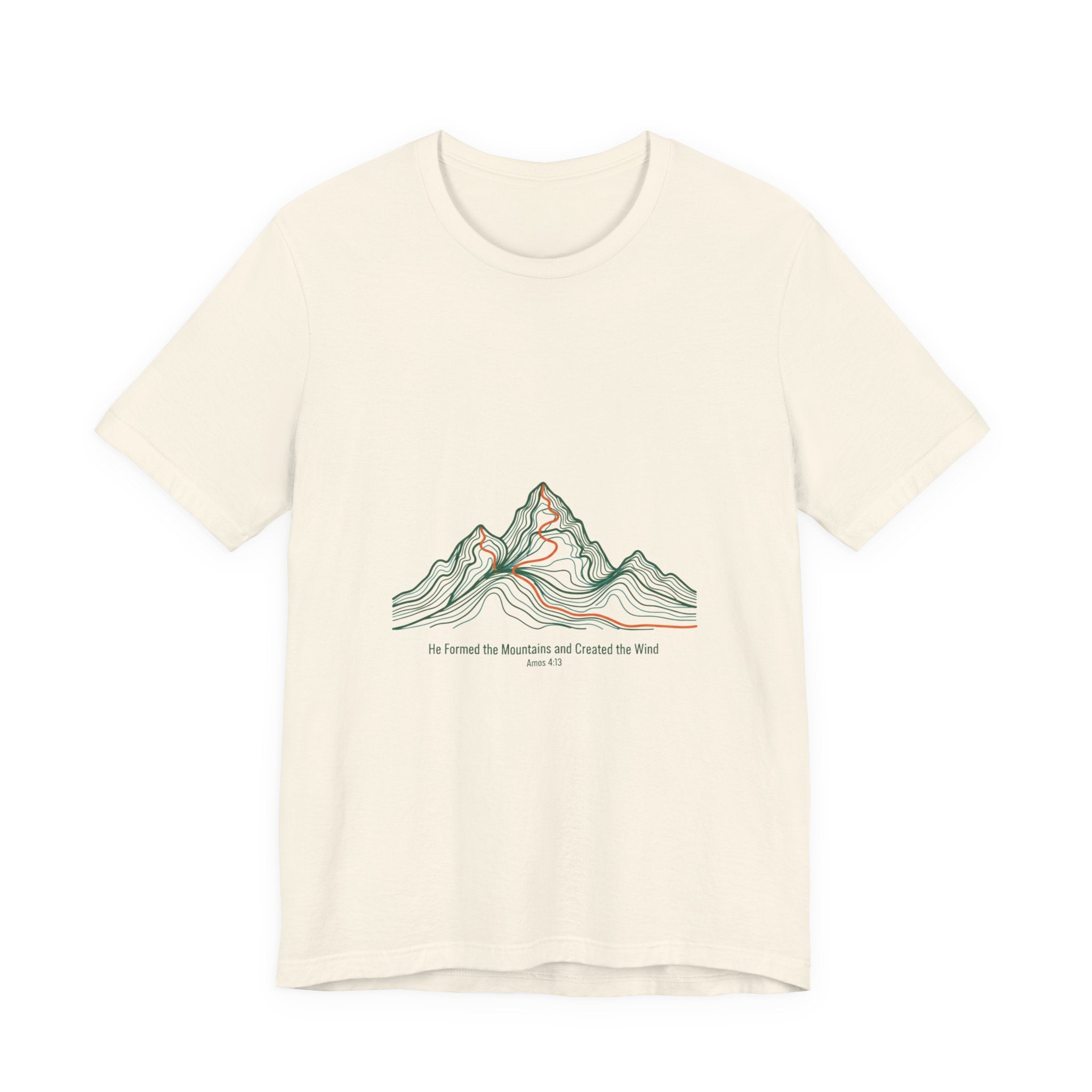 He Formed the Mountains Tee — Topographic Mountain Bible Verse T-Shirt