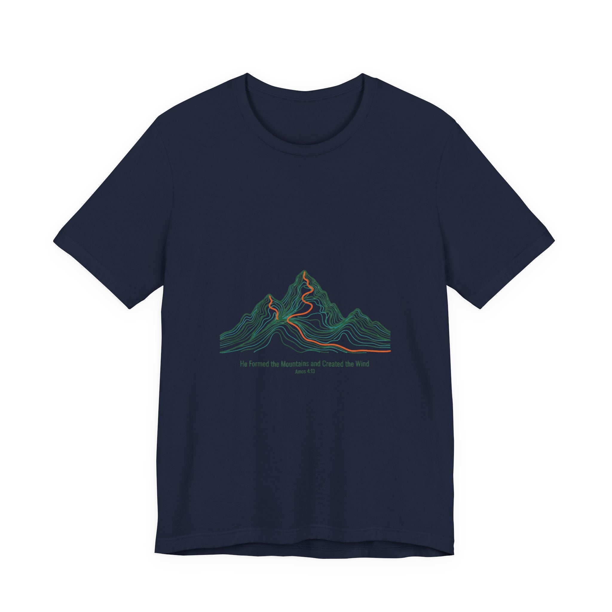 He Formed the Mountains Tee — Topographic Mountain Bible Verse T-Shirt