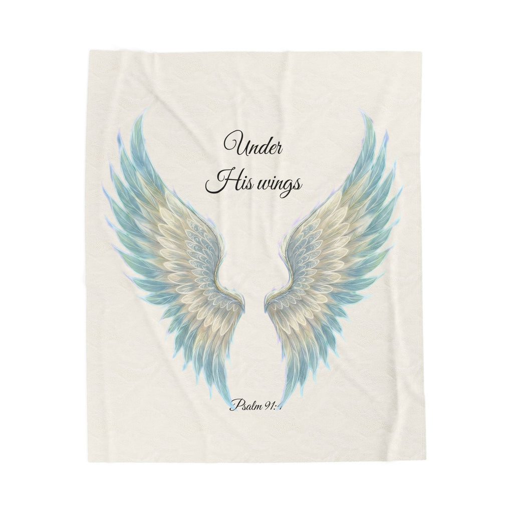 Velveteen Plush Blanket, Blue - "Under His Wings" Psalm 91:4 Christian Throw