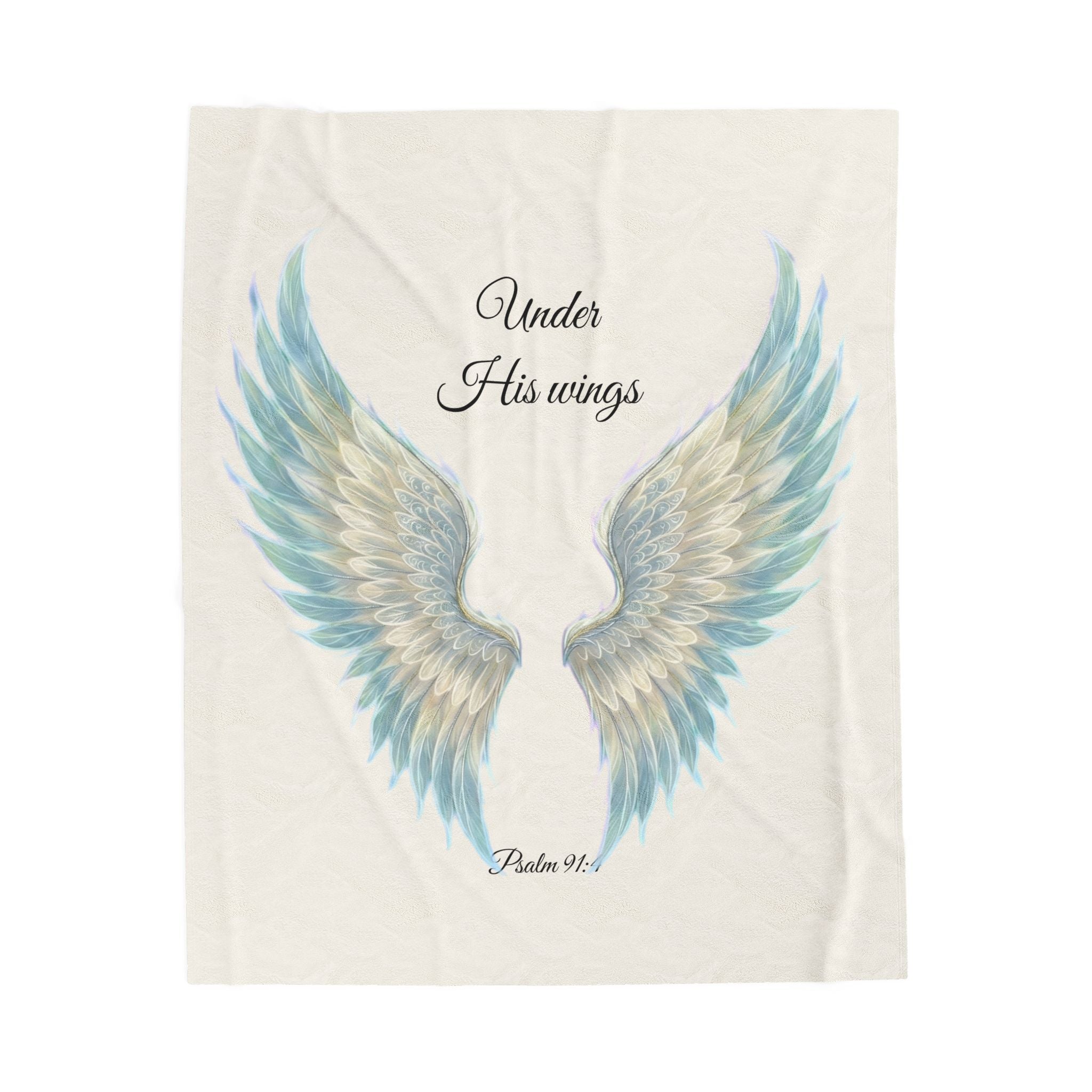 Velveteen Plush Blanket, Blue - "Under His Wings" Psalm 91:4 Christian Throw