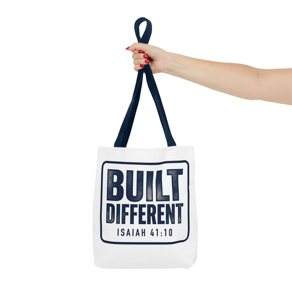Built Different Tote Bag — Isaiah 41:10 Inspirational Canvas Tote
