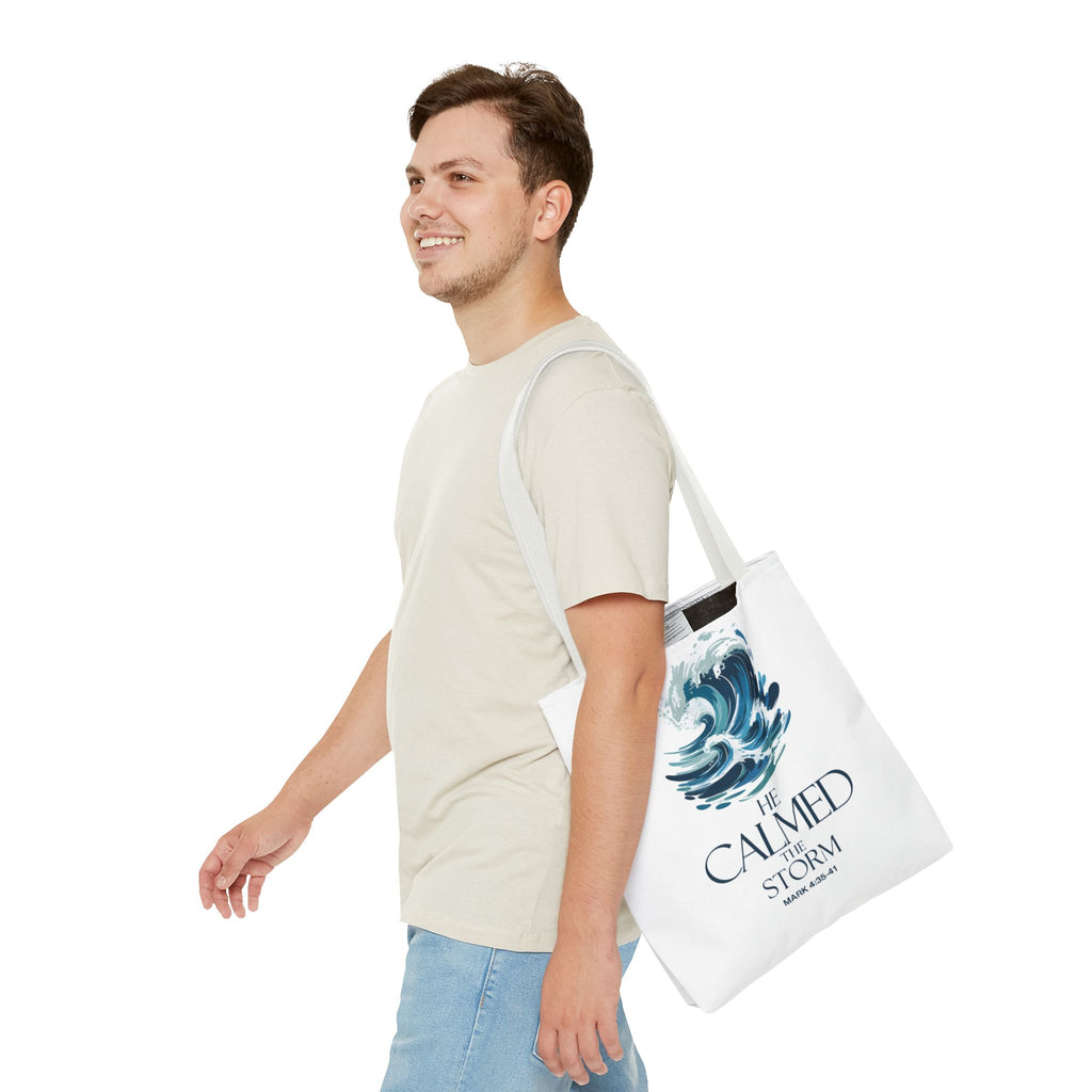 Calmed the Storm Tote Bag — Inspirational Bible Verse Mark 4:39-41 Canvas Tote