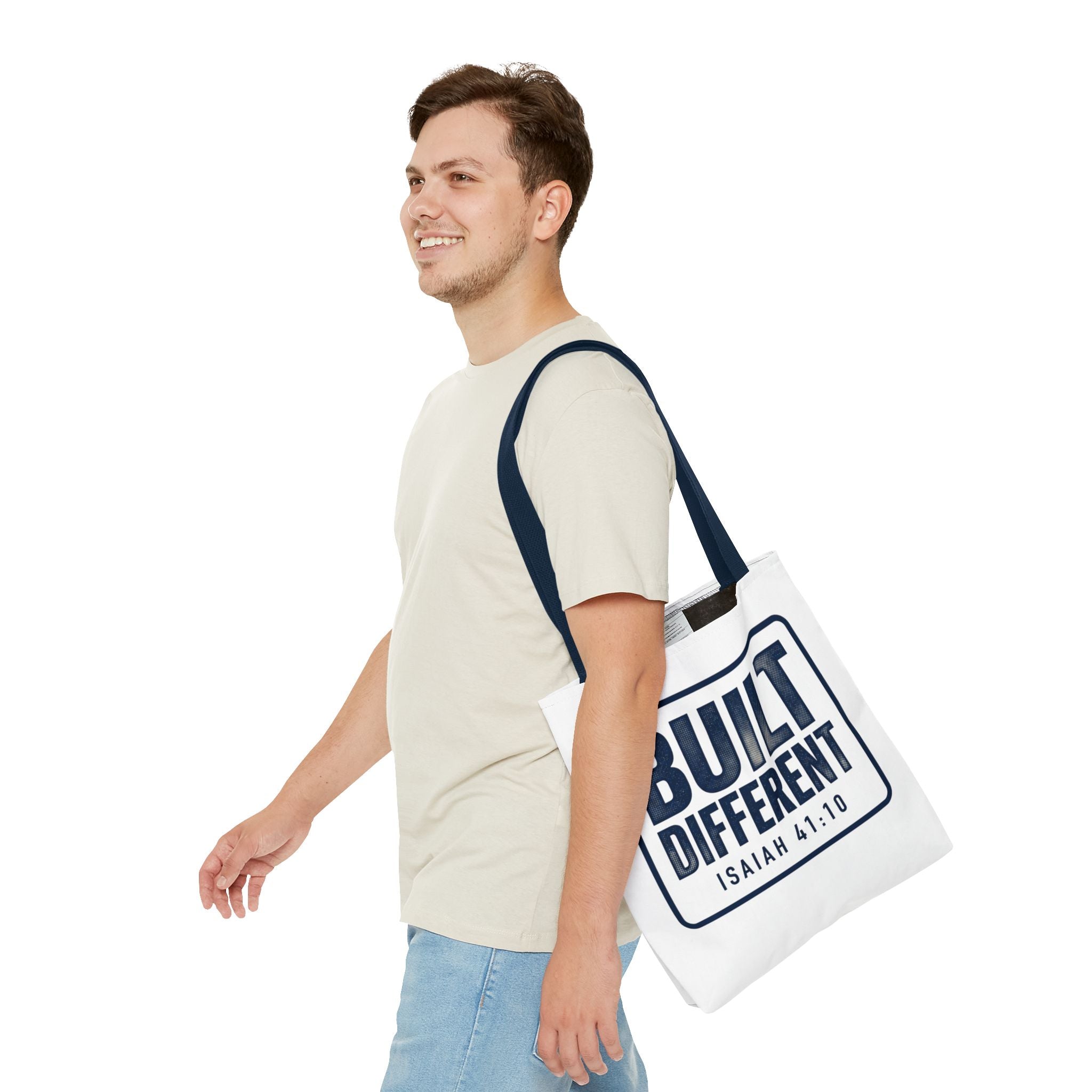 Built Different Tote Bag — Isaiah 41:10 Inspirational Canvas Tote