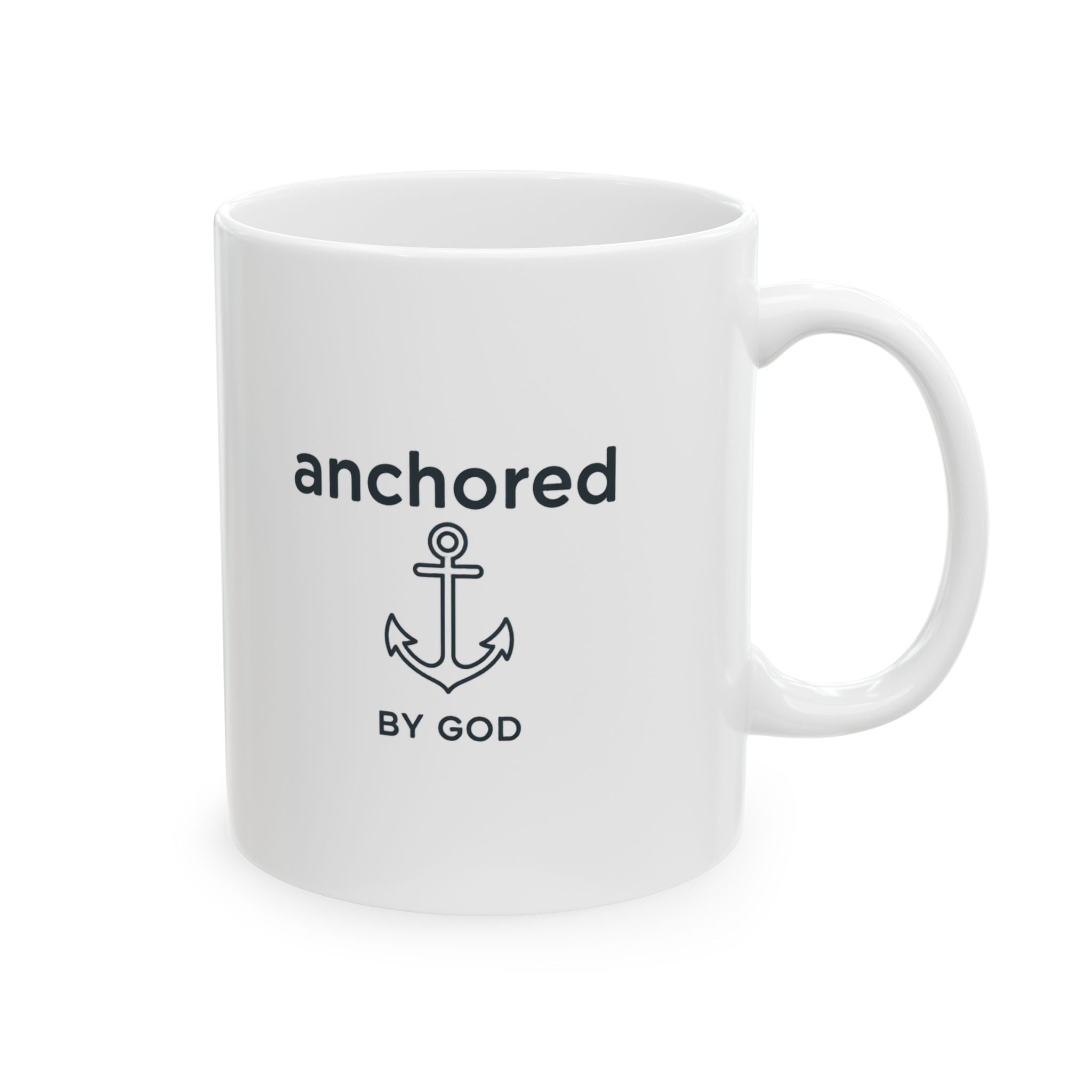 Anchored by God Mug — Minimal Anchor Faith Coffee Cup