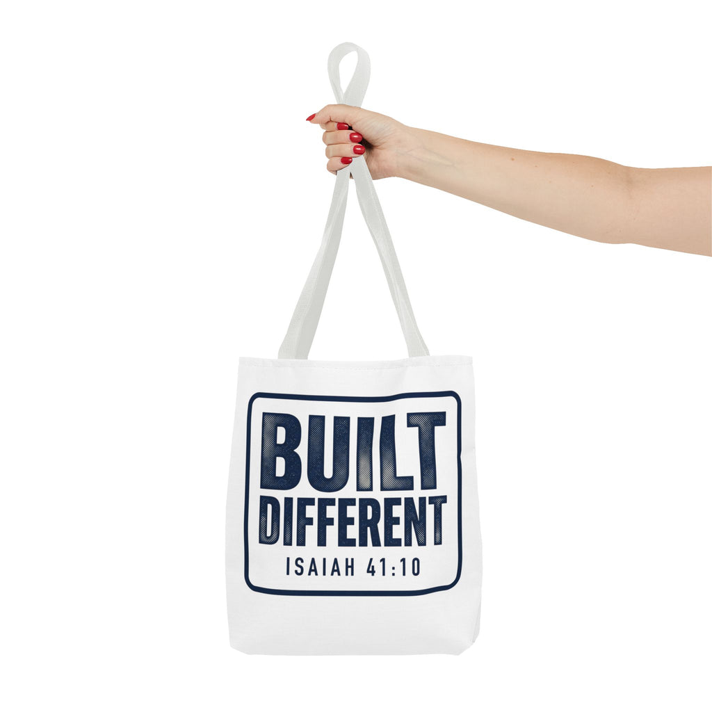 Built Different Tote Bag — Isaiah 41:10 Inspirational Canvas Tote