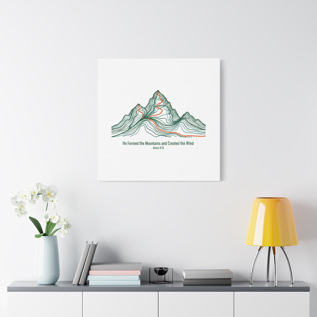 Topographic Mountain Canvas — "He Formed the Mountains and Created the Wind" (Amos 4:13)