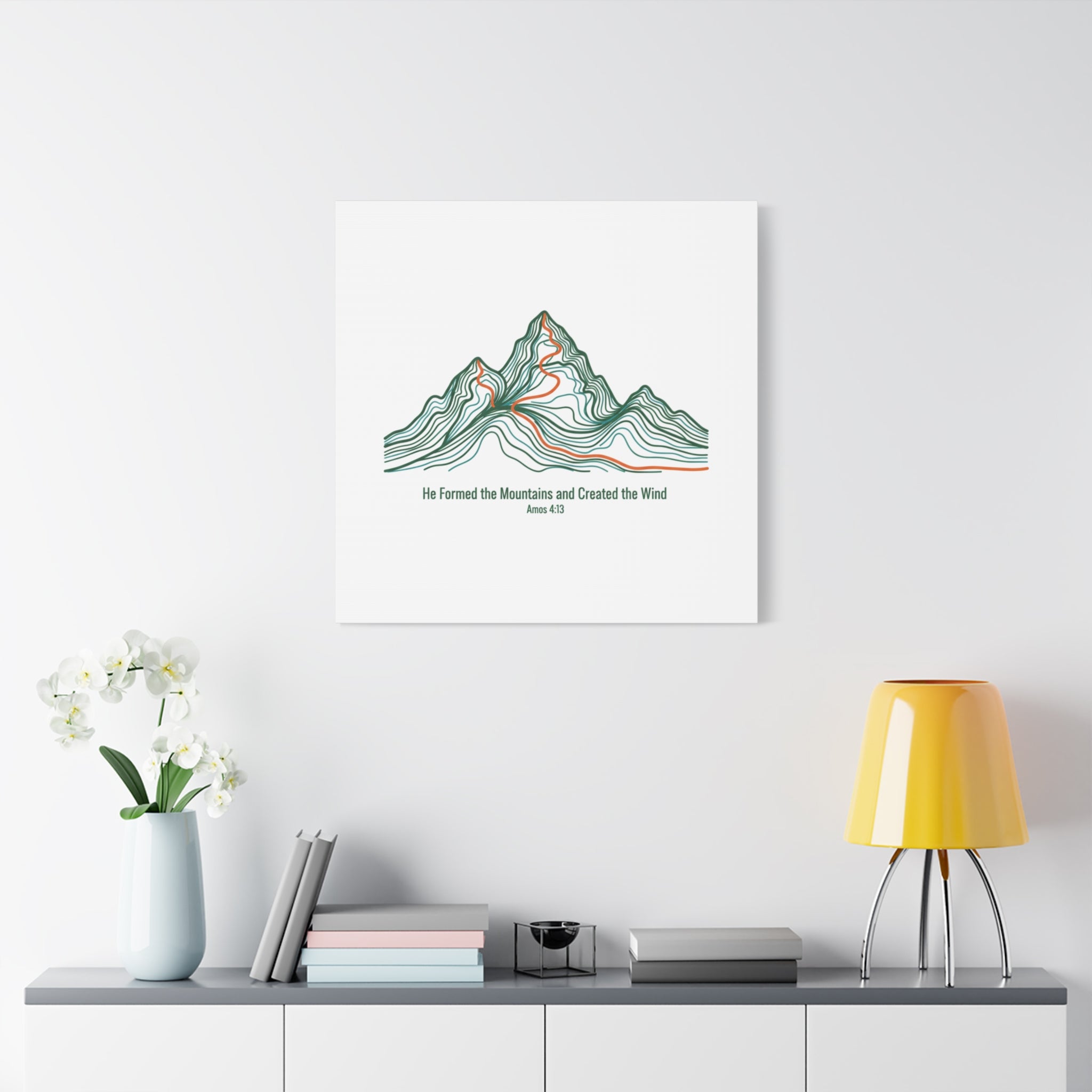 Topographic Mountain Canvas — "He Formed the Mountains and Created the Wind" (Amos 4:13)