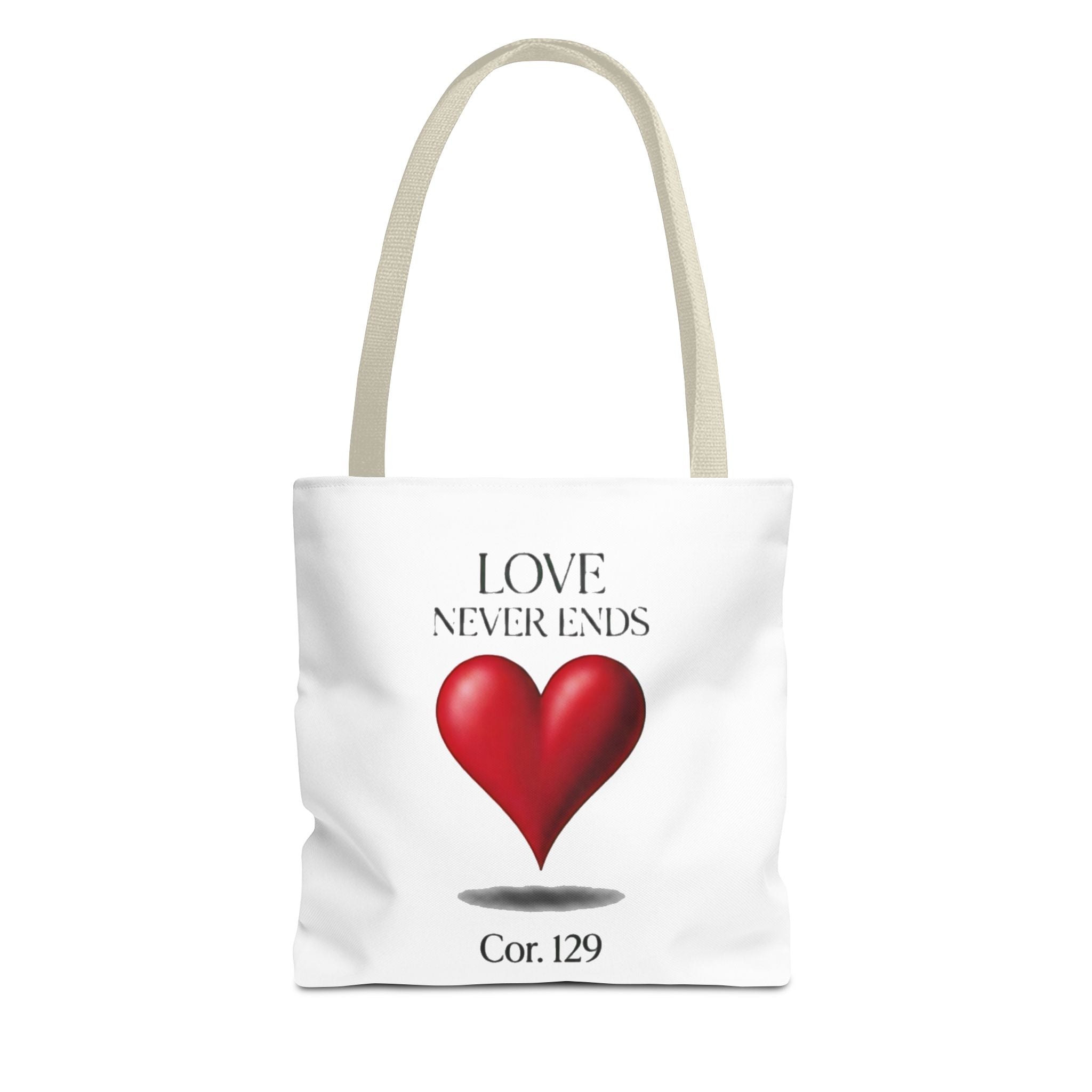 Tote Bag — “Love Never Ends” Heart Tote (Cor. 1:29)