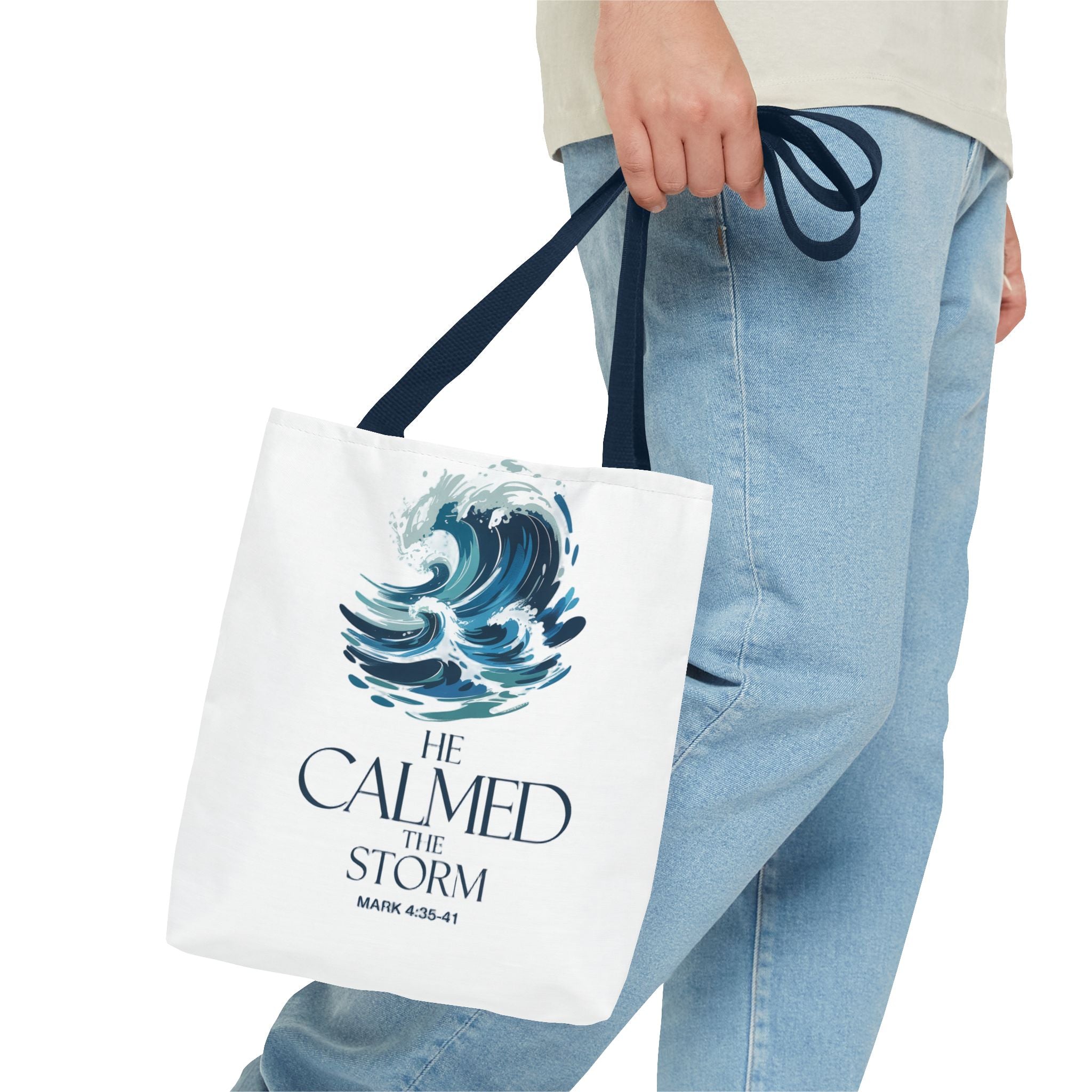 Calmed the Storm Tote Bag — Inspirational Bible Verse Mark 4:39-41 Canvas Tote