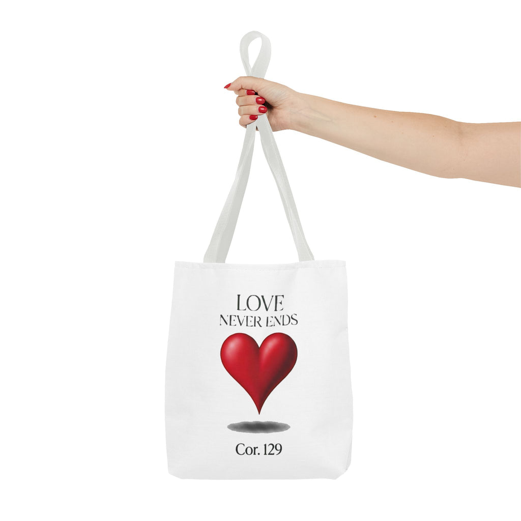 Tote Bag — “Love Never Ends” Heart Tote (Cor. 1:29)