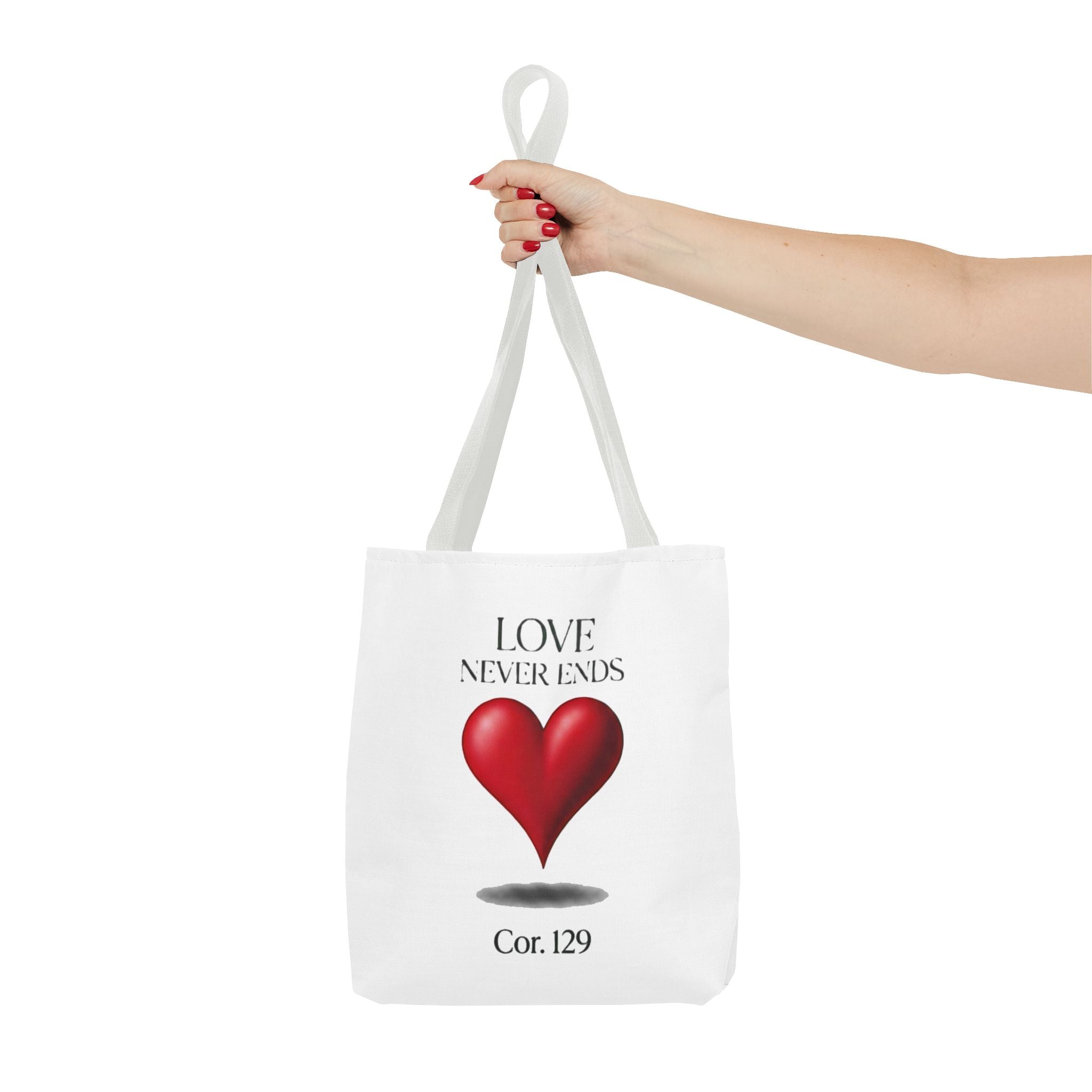 Tote Bag — “Love Never Ends” Heart Tote (Cor. 1:29)