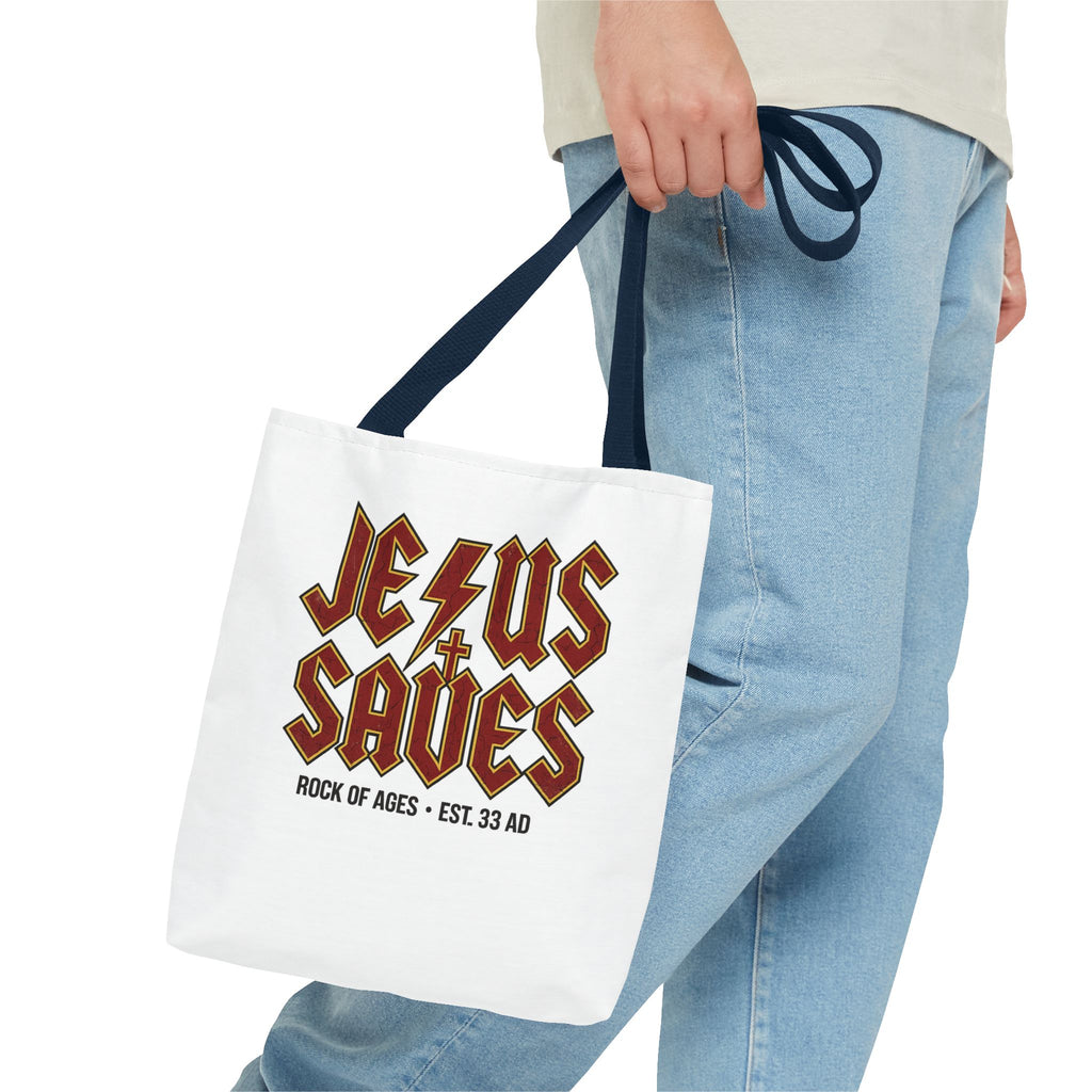 Jesus Saves Tote Bag — Rock of Ages Vintage Christian Tote