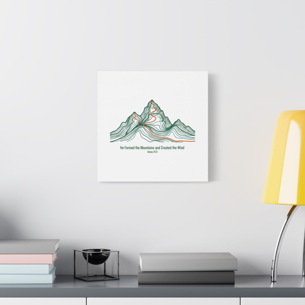 Topographic Mountain Canvas — "He Formed the Mountains and Created the Wind" (Amos 4:13)