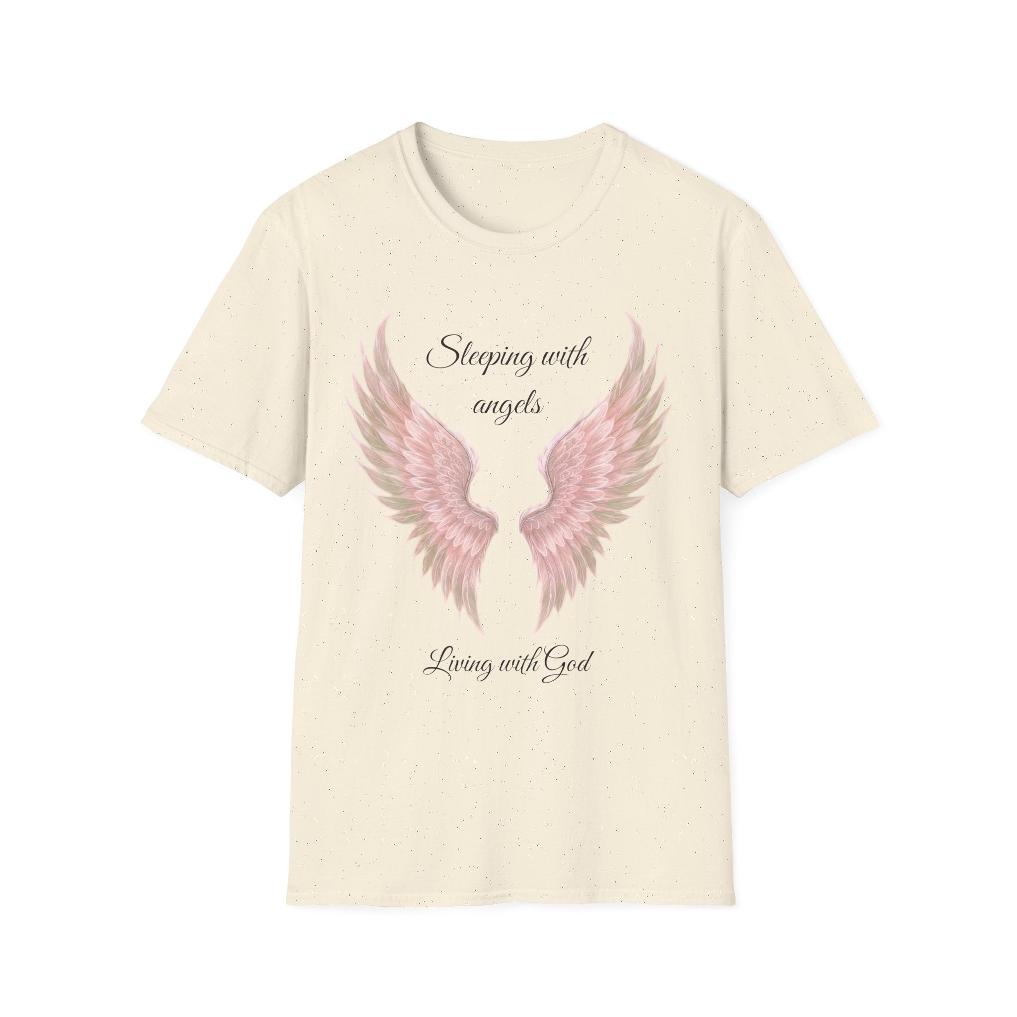 Pink Angel Wings T-Shirt — “Sleeping with angels, living with God.” Christian Faith Tee