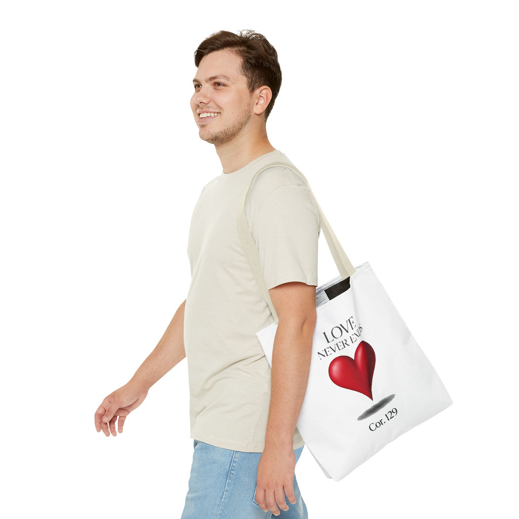 Tote Bag — “Love Never Ends” Heart Tote (Cor. 1:29)