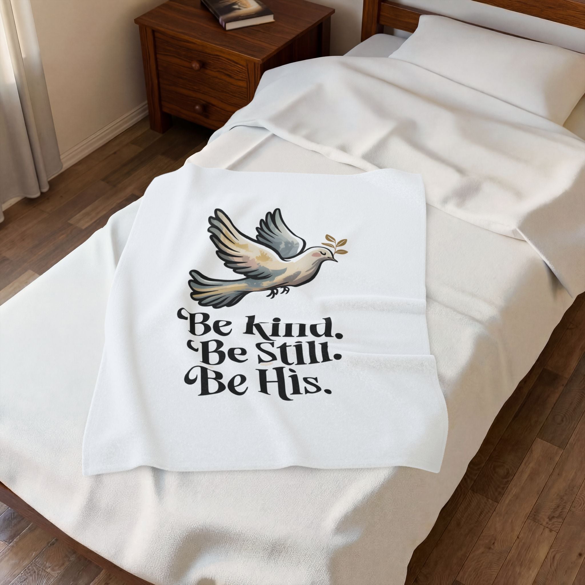 Velveteen Plush Blanket — Dove Design with "Be kind. Be still. Be His." Inspirational Christian Throw