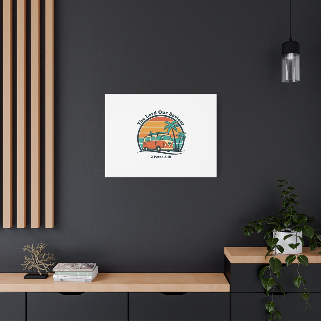 The Lord our Saviour, Retro Surf Sunset Canvas | 70s Van Palm Postcard, Analog Sunshine Aesthetic