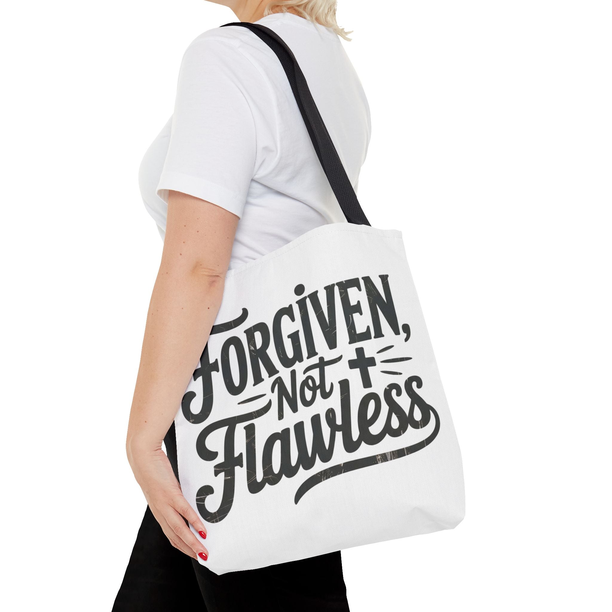 Forgiven Not Flawless Christian Tote Bag — Inspirational Scripture Quote Tote