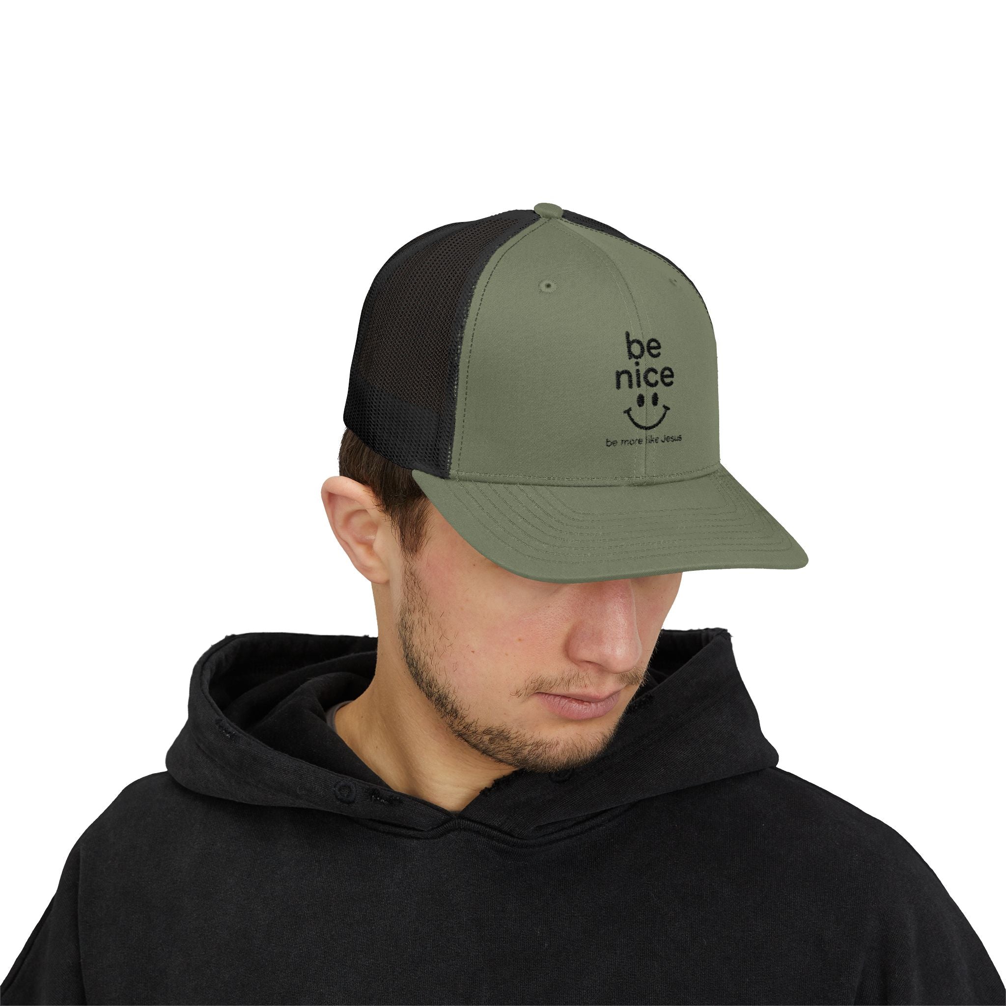 Be Nice Smiley Snapback Trucker Cap — Positive Message Mesh Hat