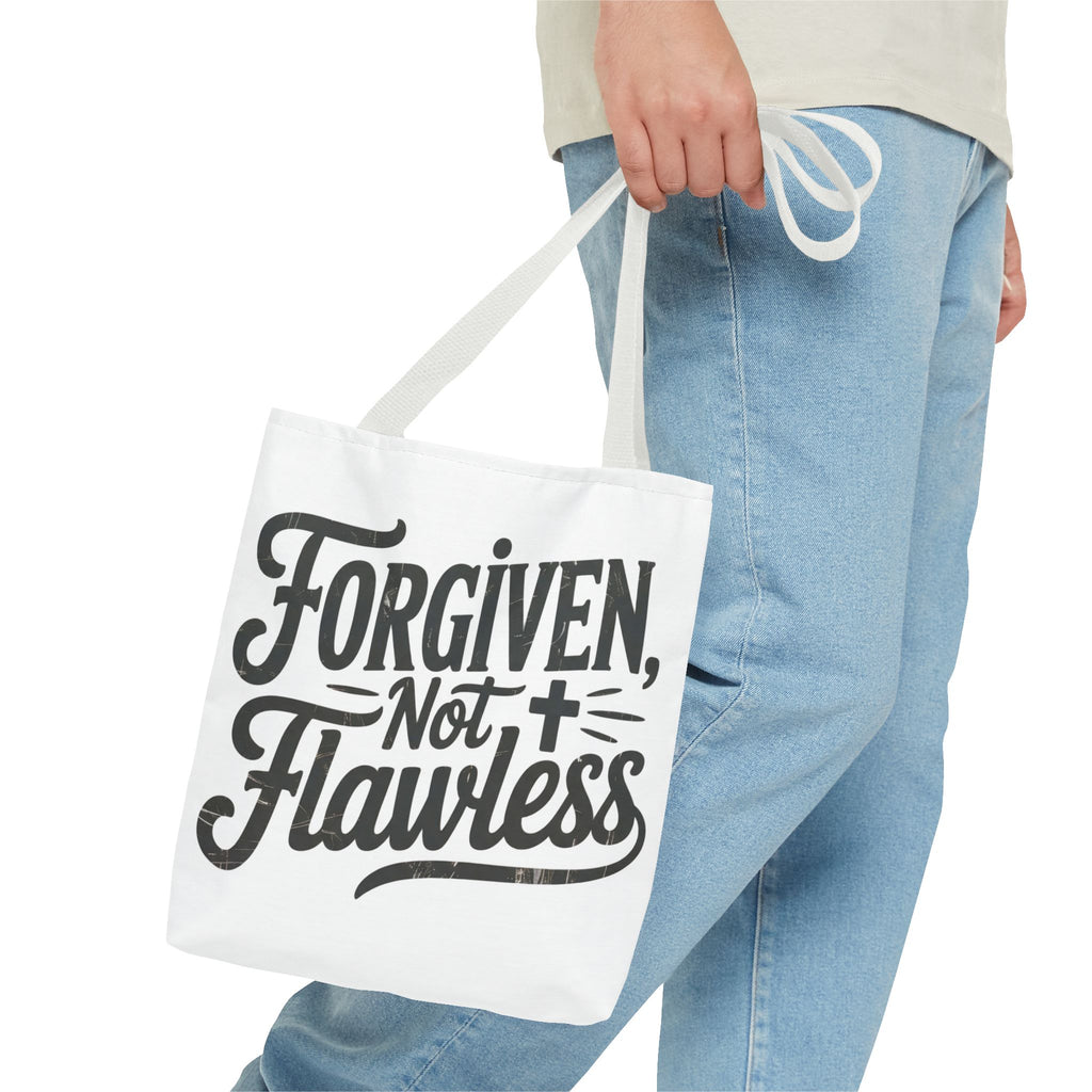 Forgiven Not Flawless Christian Tote Bag — Inspirational Scripture Quote Tote
