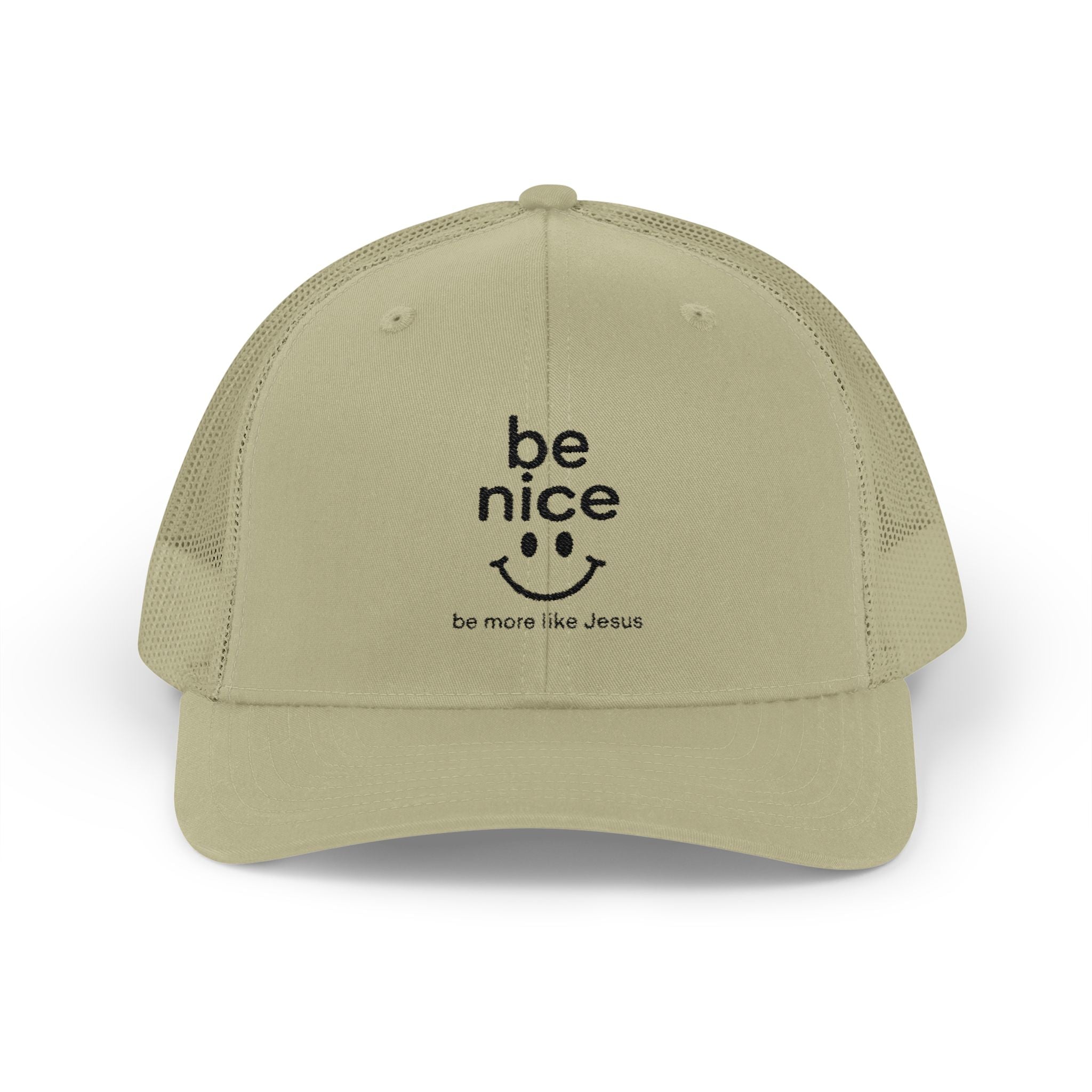 Be Nice Smiley Snapback Trucker Cap — Positive Message Mesh Hat