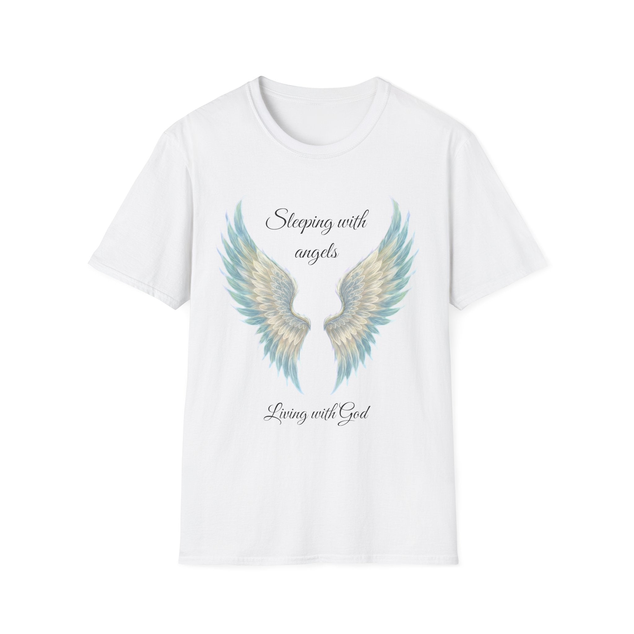 Blue Angel Wings T-Shirt — “Sleeping with angels, living with God.” Christian Faith Tee