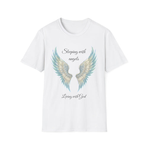 Blue Angel Wings T-Shirt — “Sleeping with angels, living with God.” Christian Faith Tee