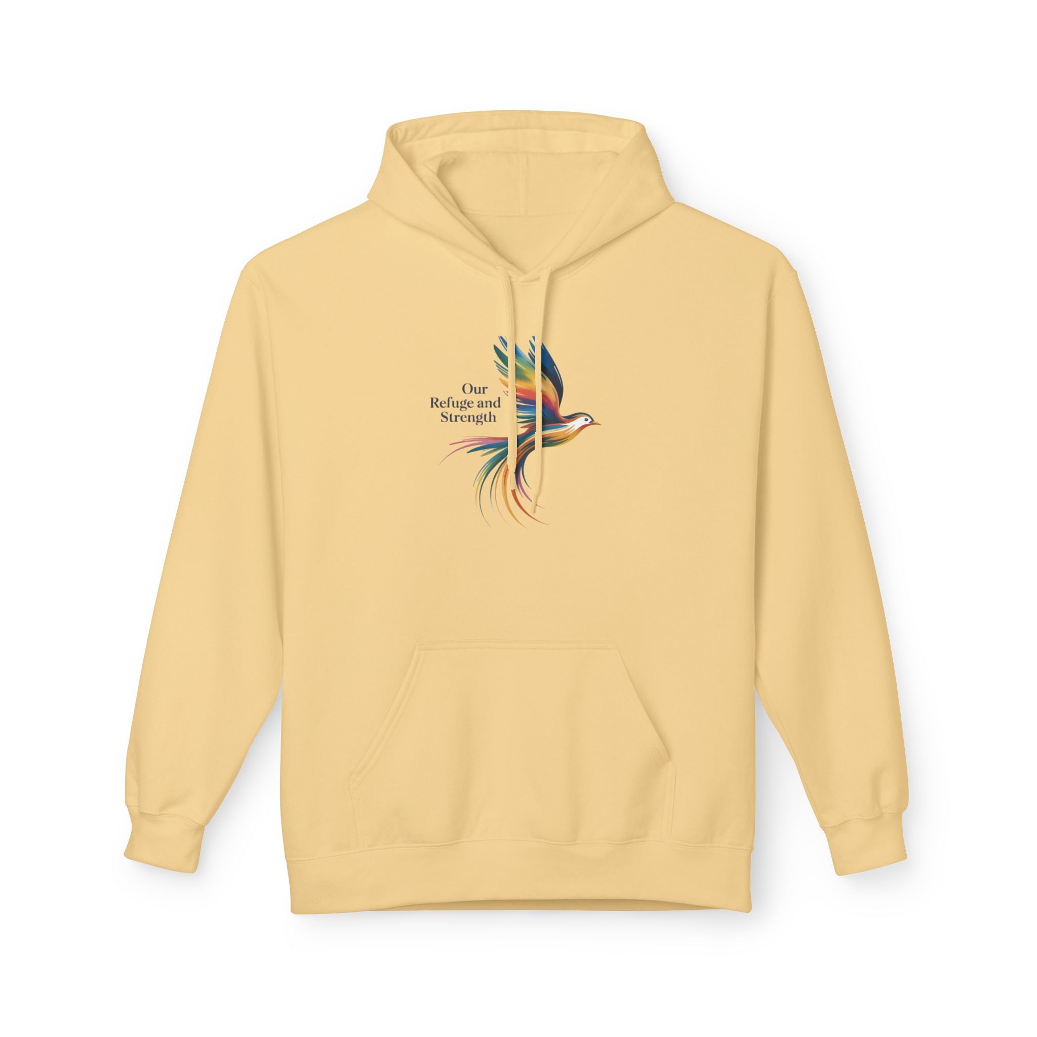 Freedom Sparrow Hoodie — Colorful Bird “One Refuge One Strength” Chest Print