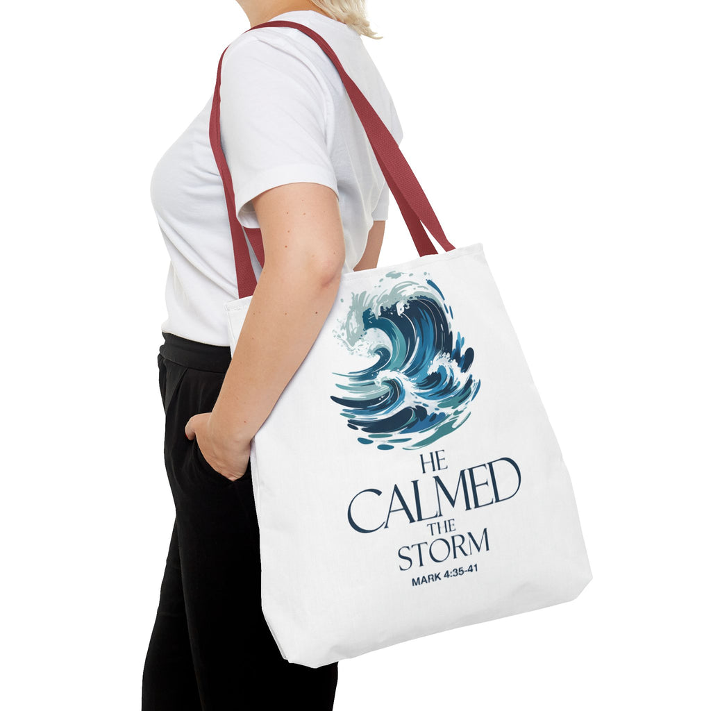 Calmed the Storm Tote Bag — Inspirational Bible Verse Mark 4:39-41 Canvas Tote