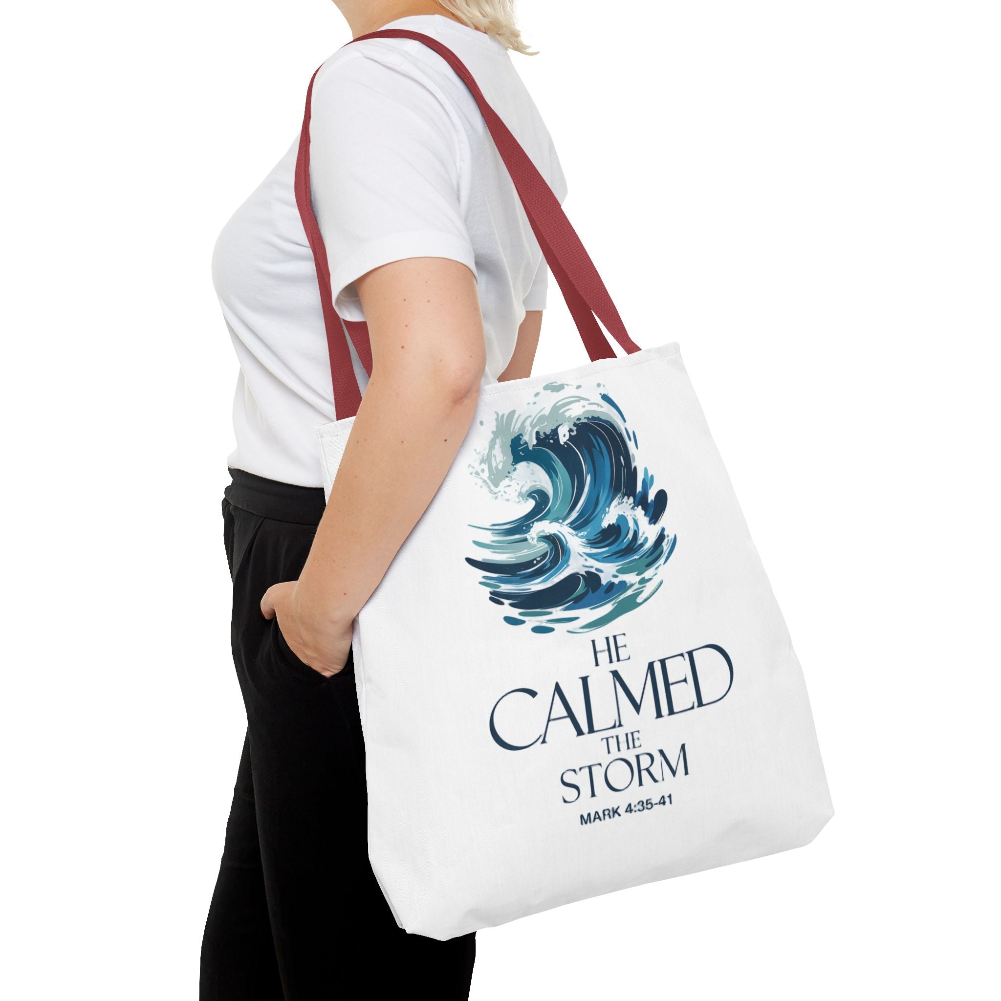 Calmed the Storm Tote Bag — Inspirational Bible Verse Mark 4:39-41 Canvas Tote