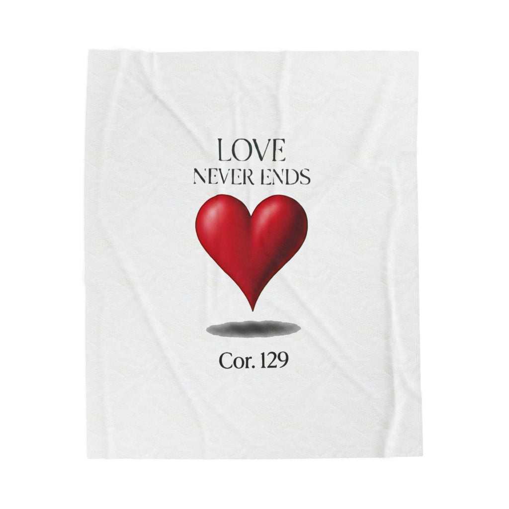 Velveteen Plush Blanket — "Love Never Ends" Heart Design (1 Cor. 13:9)