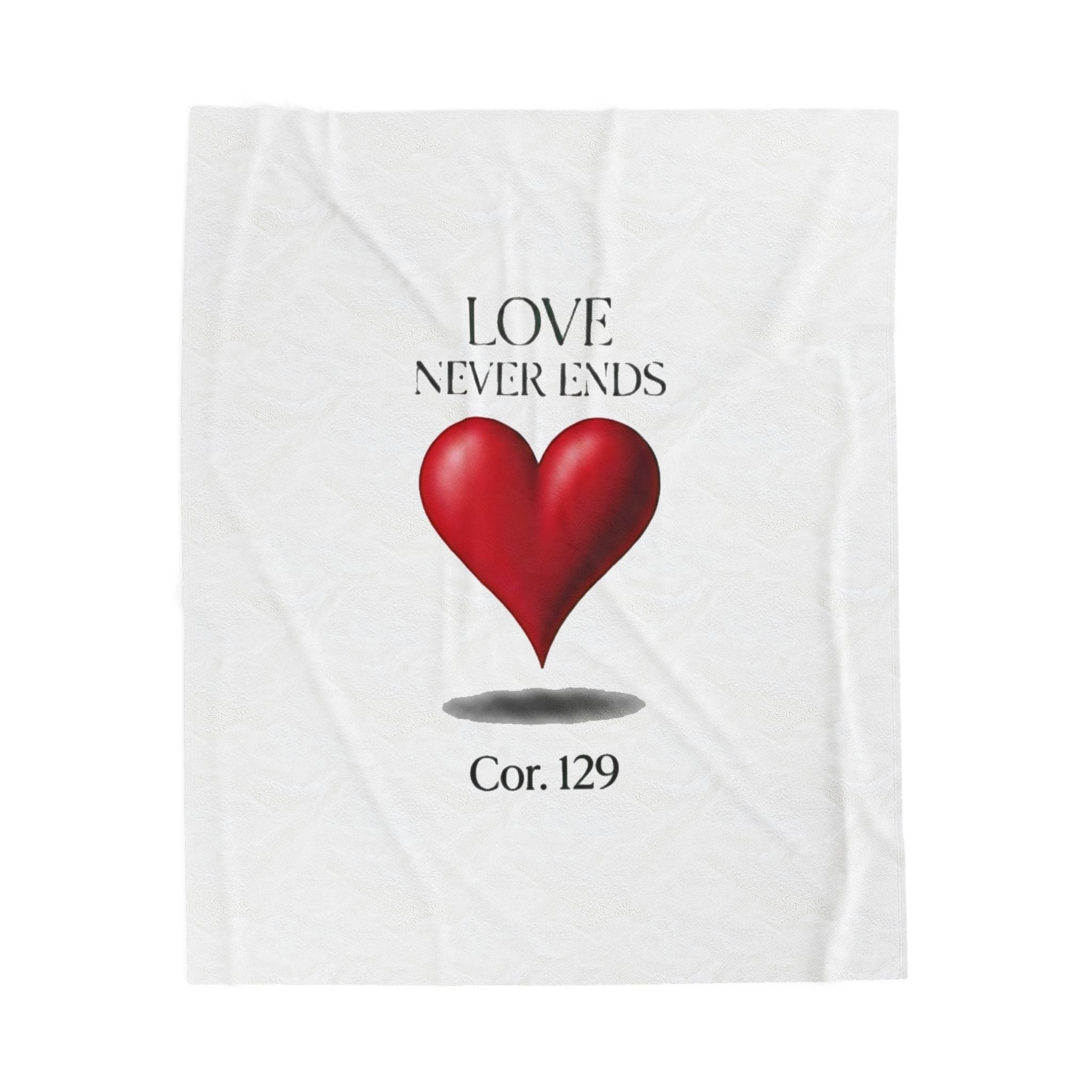 Velveteen Plush Blanket — "Love Never Ends" Heart Design (1 Cor. 13:9)