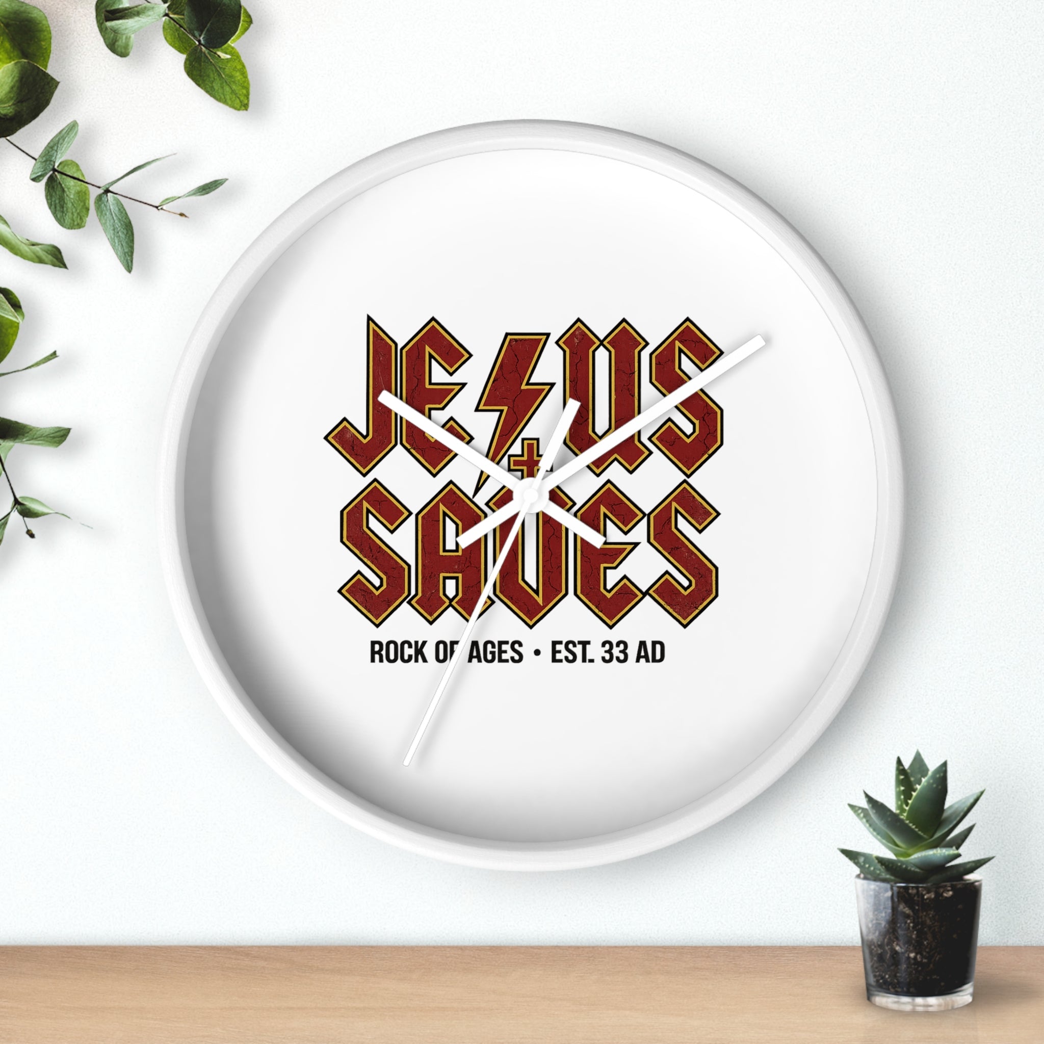 Jesus Saves Wall Clock — Rock of Ages Retro Christian Decor (Est. 33 AD)