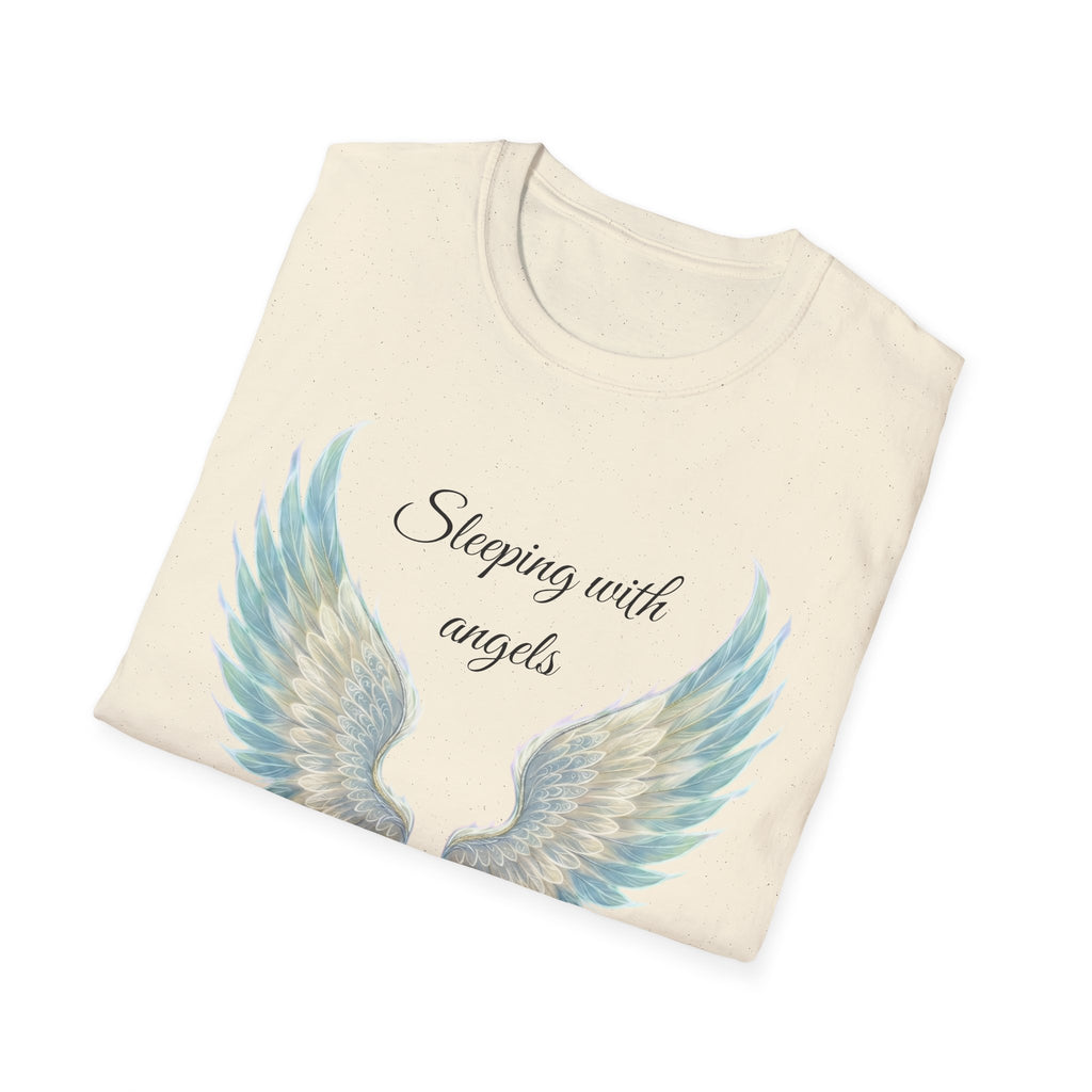 Blue Angel Wings T-Shirt — “Sleeping with angels, living with God.” Christian Faith Tee