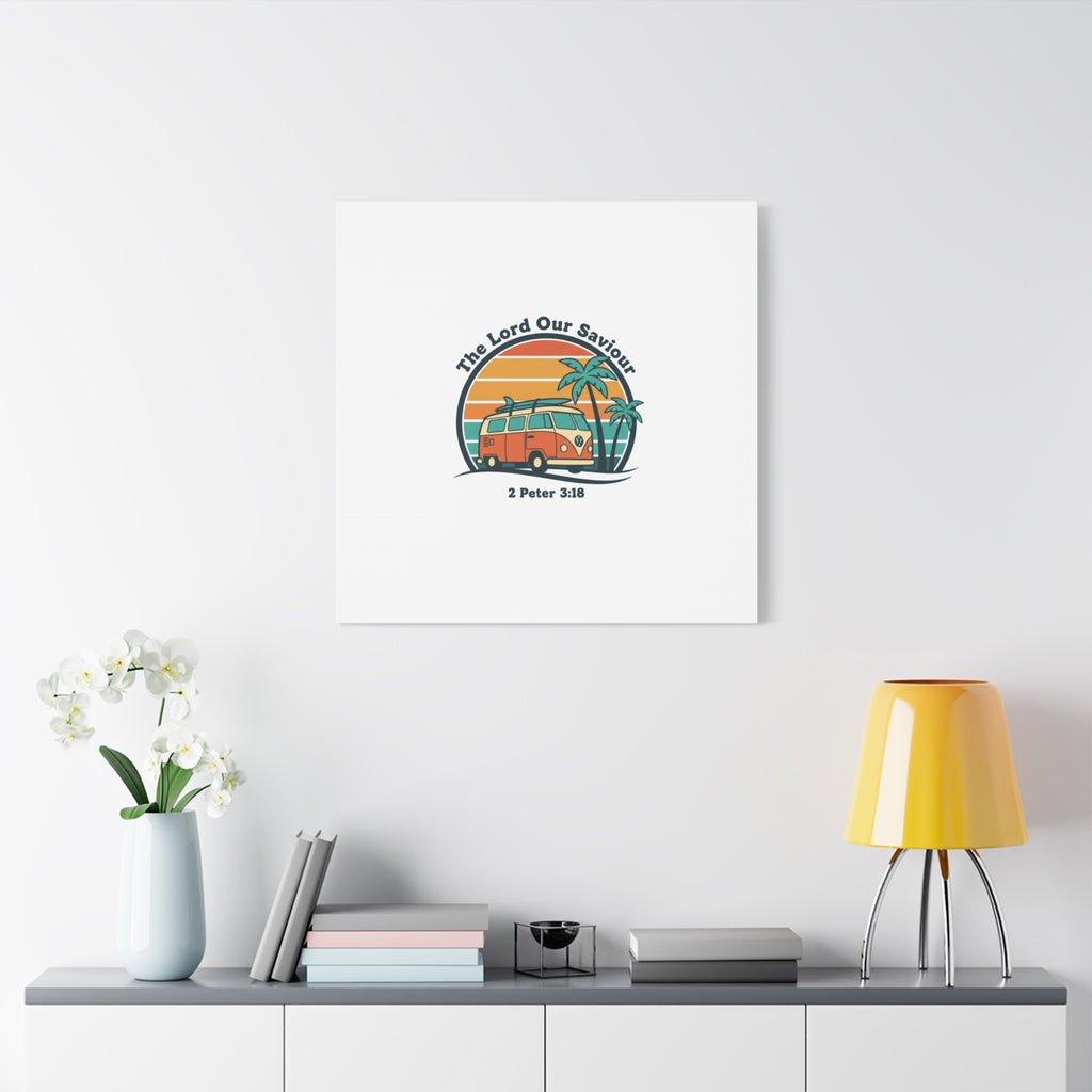 The Lord our Saviour, Retro Surf Sunset Canvas | 70s Van Palm Postcard, Analog Sunshine Aesthetic