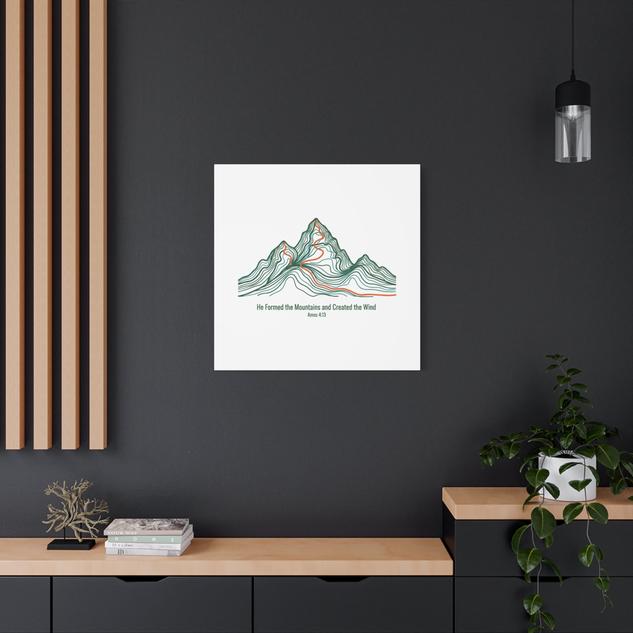 Topographic Mountain Canvas — "He Formed the Mountains and Created the Wind" (Amos 4:13)