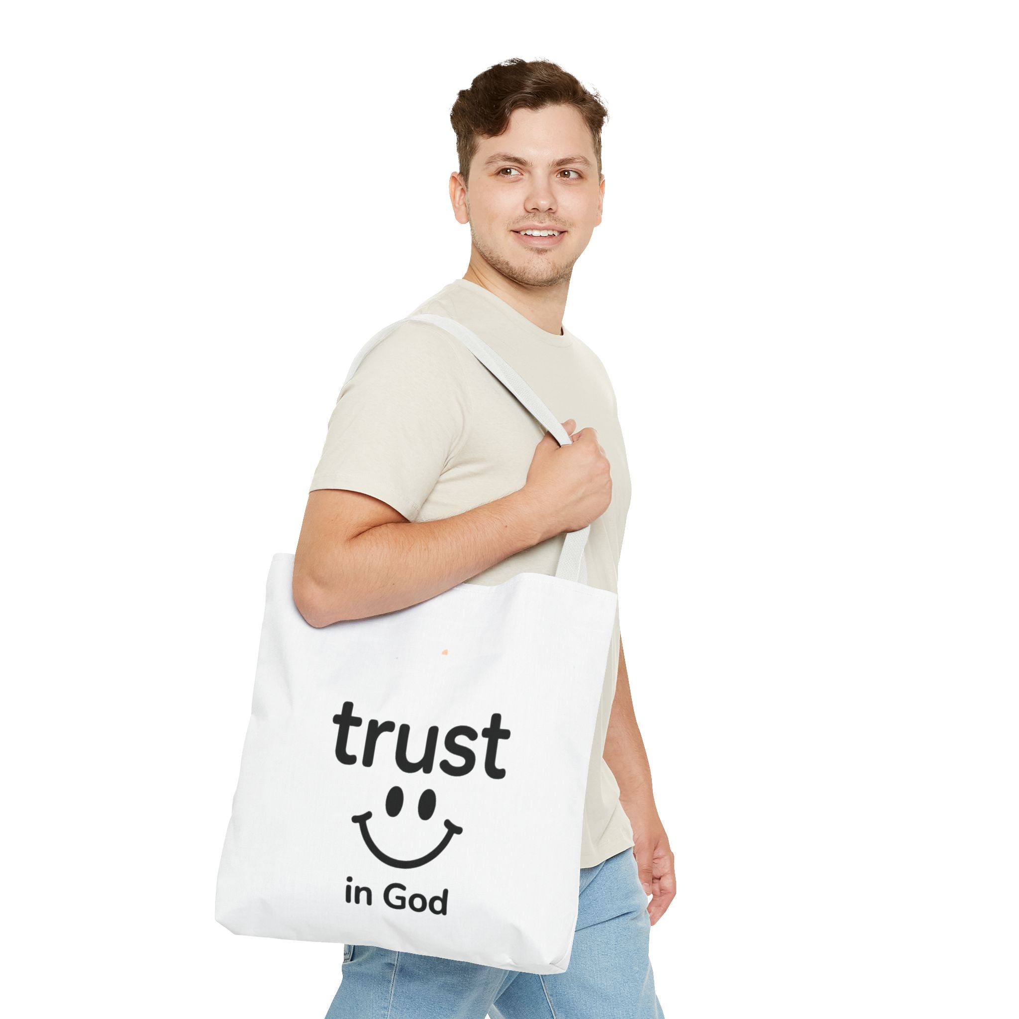 Faith Smile Tote Bag — "Trust in God" Inspirational Canvas Tote